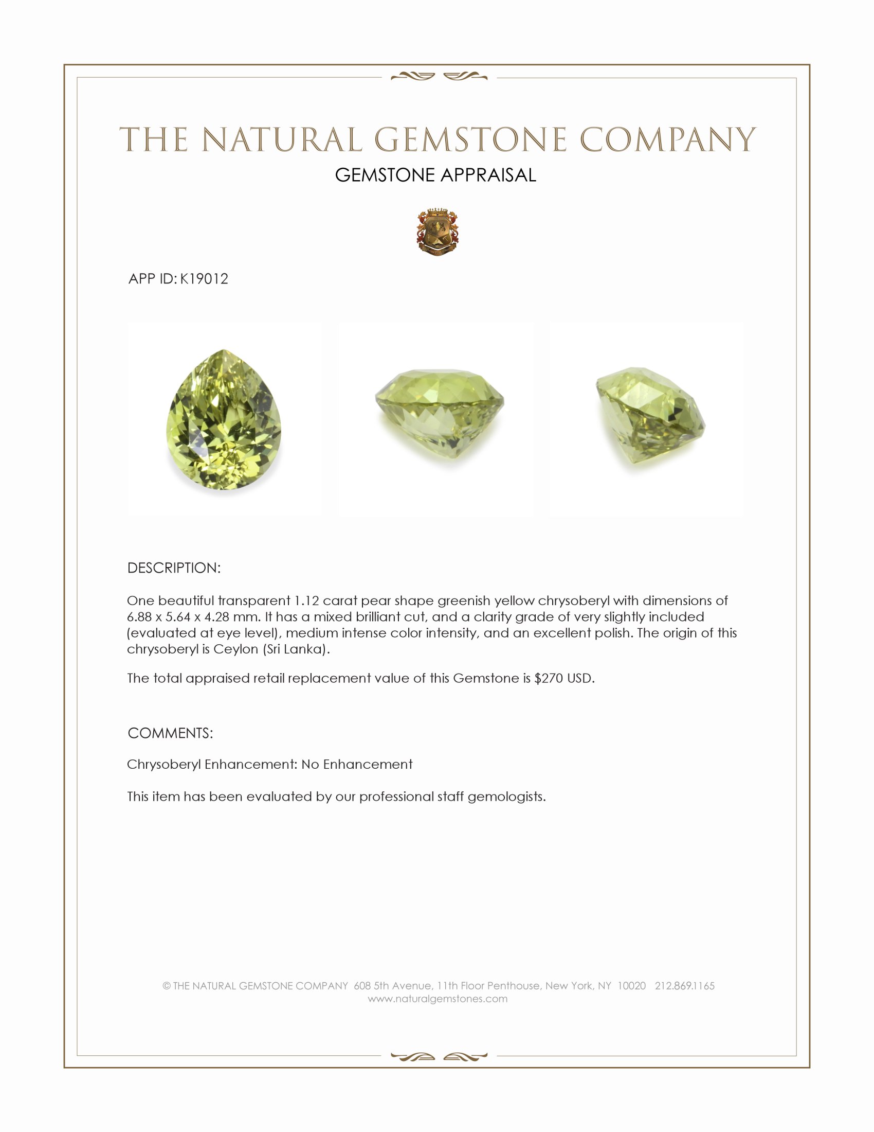 1.12 Ct. Chrysoberyl from Ceylon (Sri Lanka)