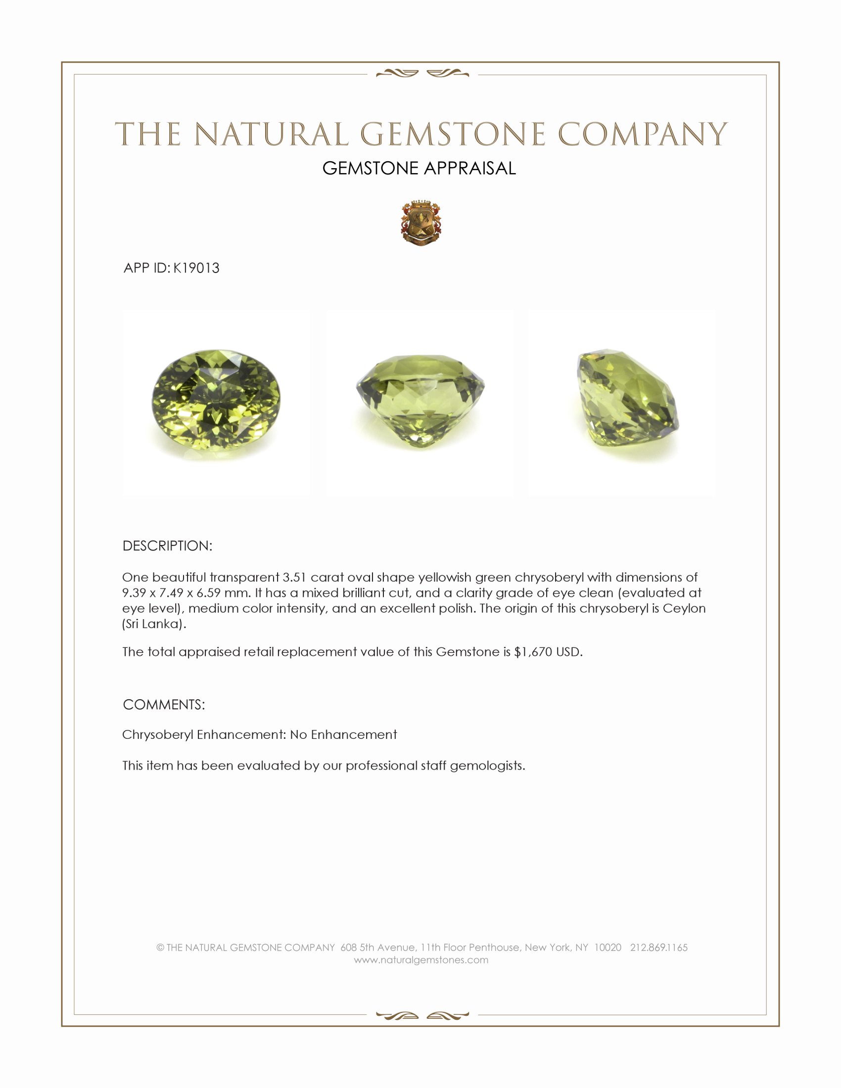3.51 Ct. Chrysoberyl from Ceylon (Sri Lanka)