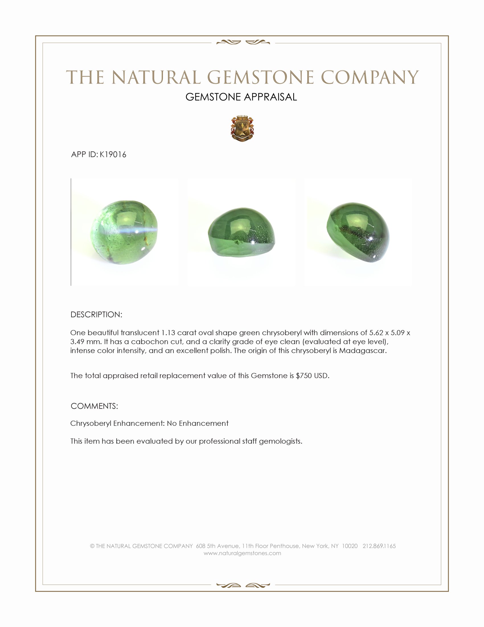 1.13 Ct. Cabochon Chrysoberyl from Madagascar