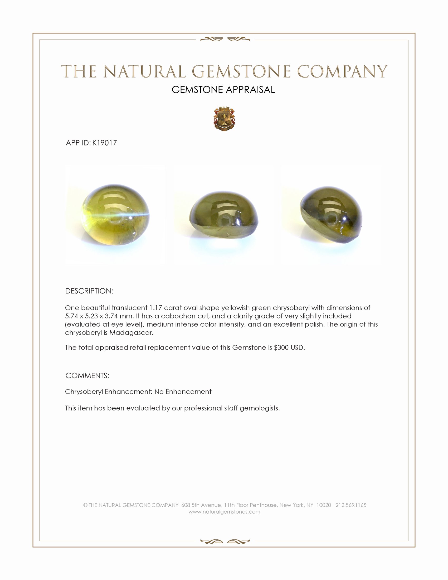 1.17 Ct. Cabochon Chrysoberyl from Madagascar