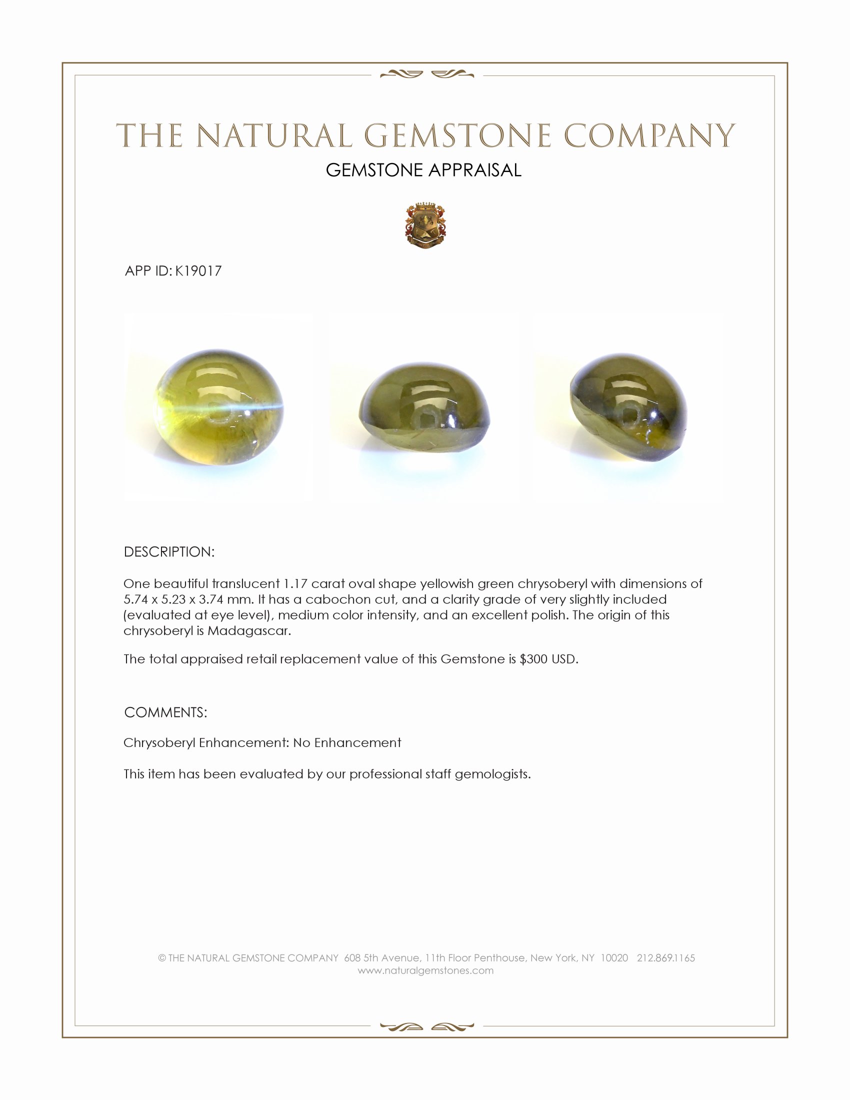 1.17 Ct. Cabochon Chrysoberyl from Madagascar