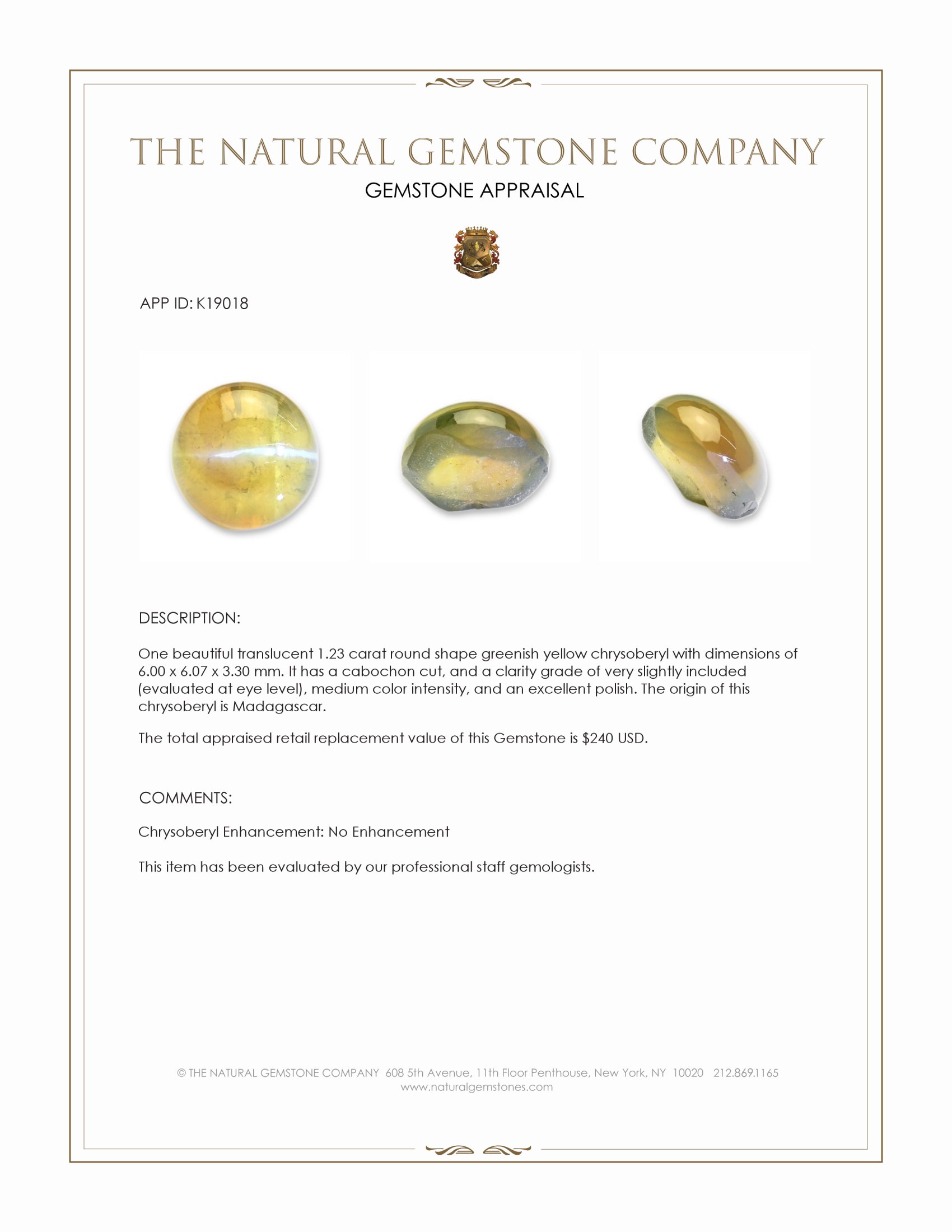 1.23 Ct. Greenish Yellow Cabochon Chrysoberyl from Madagascar