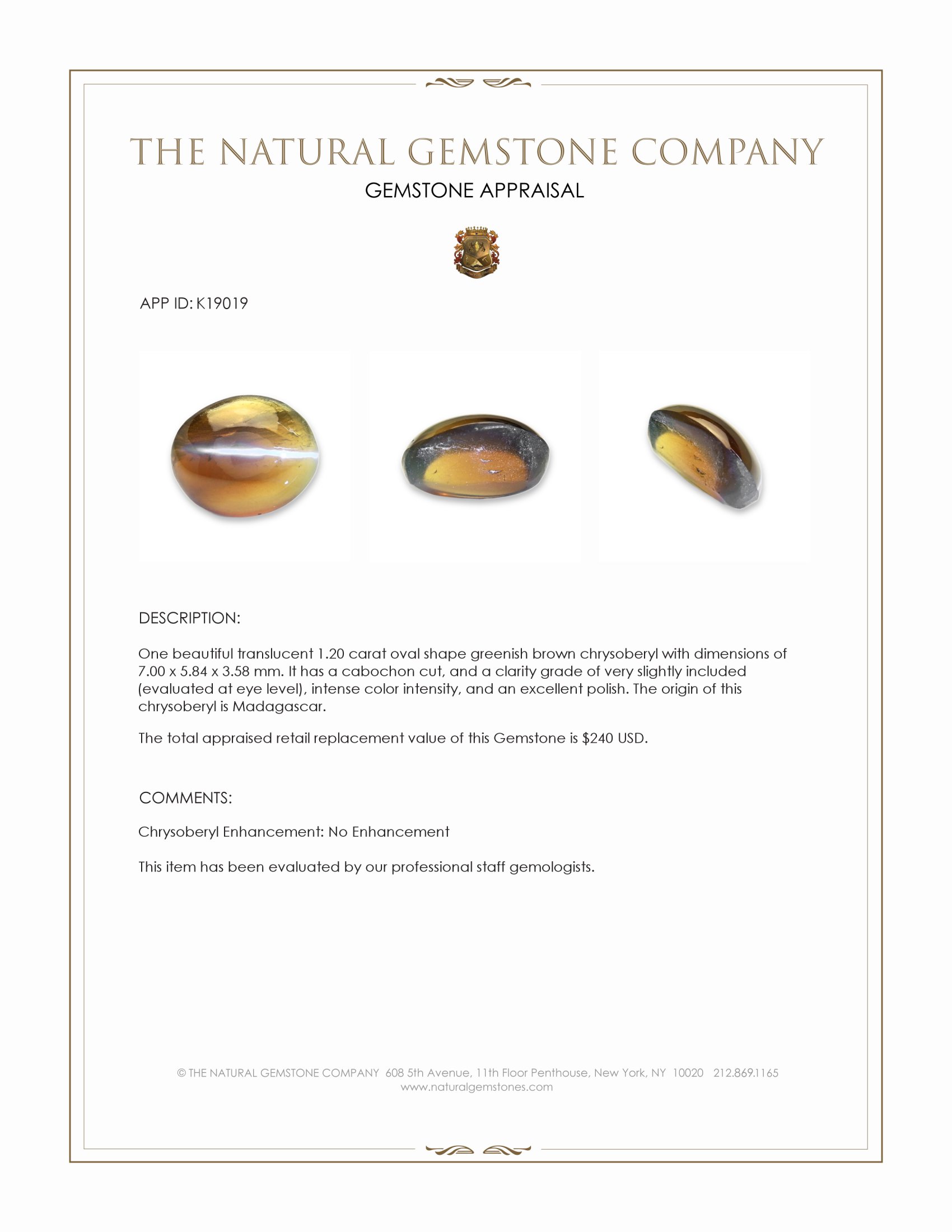 1.20 Ct. Cabochon Chrysoberyl from Madagascar