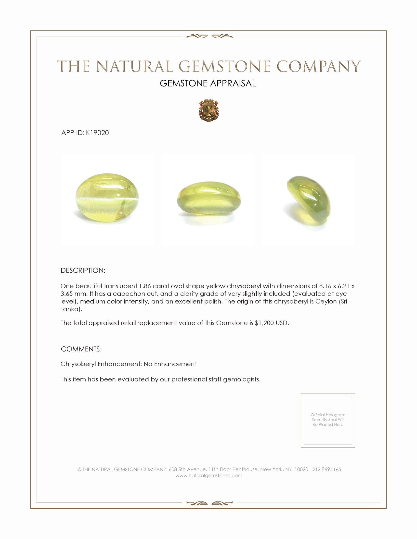 1.86 Ct. Cabochon Chrysoberyl from Ceylon (Sri Lanka)