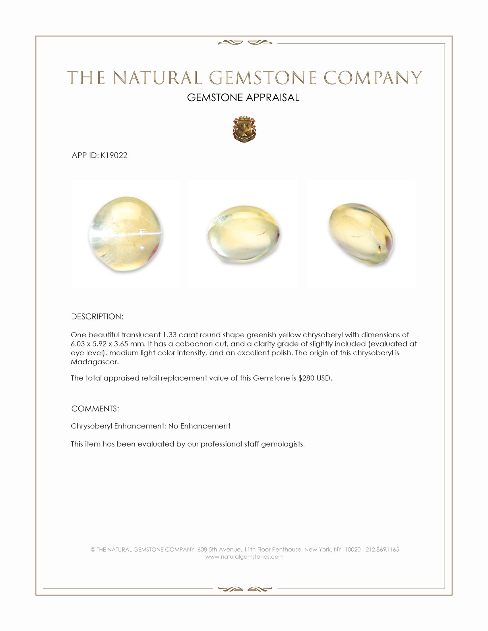 1.33 Ct. Cabochon Chrysoberyl from Madagascar