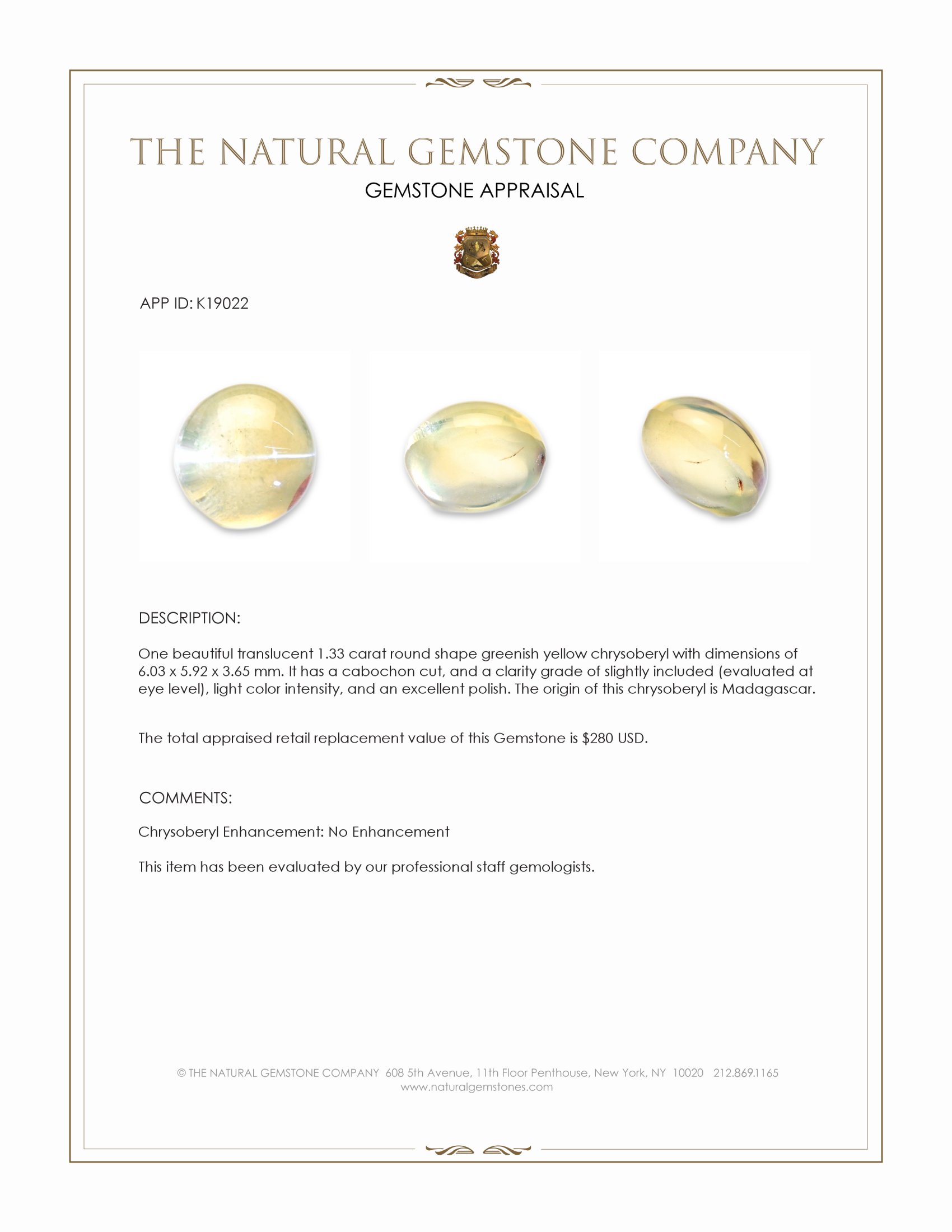 1.33 Ct. Greenish Yellow Cabochon Chrysoberyl from Madagascar