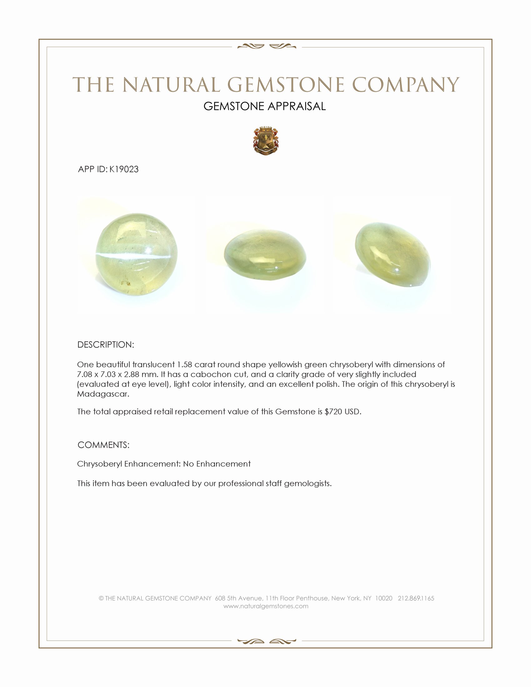 1.58 Ct. Cabochon Chrysoberyl from Madagascar