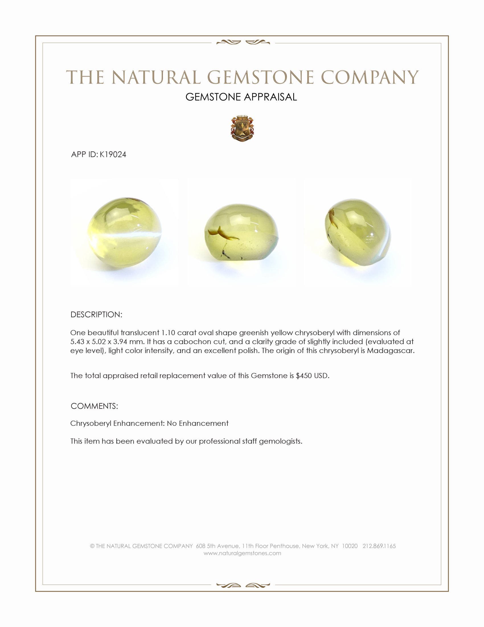 1.10 Ct. Greenish Yellow Cabochon Chrysoberyl from Madagascar