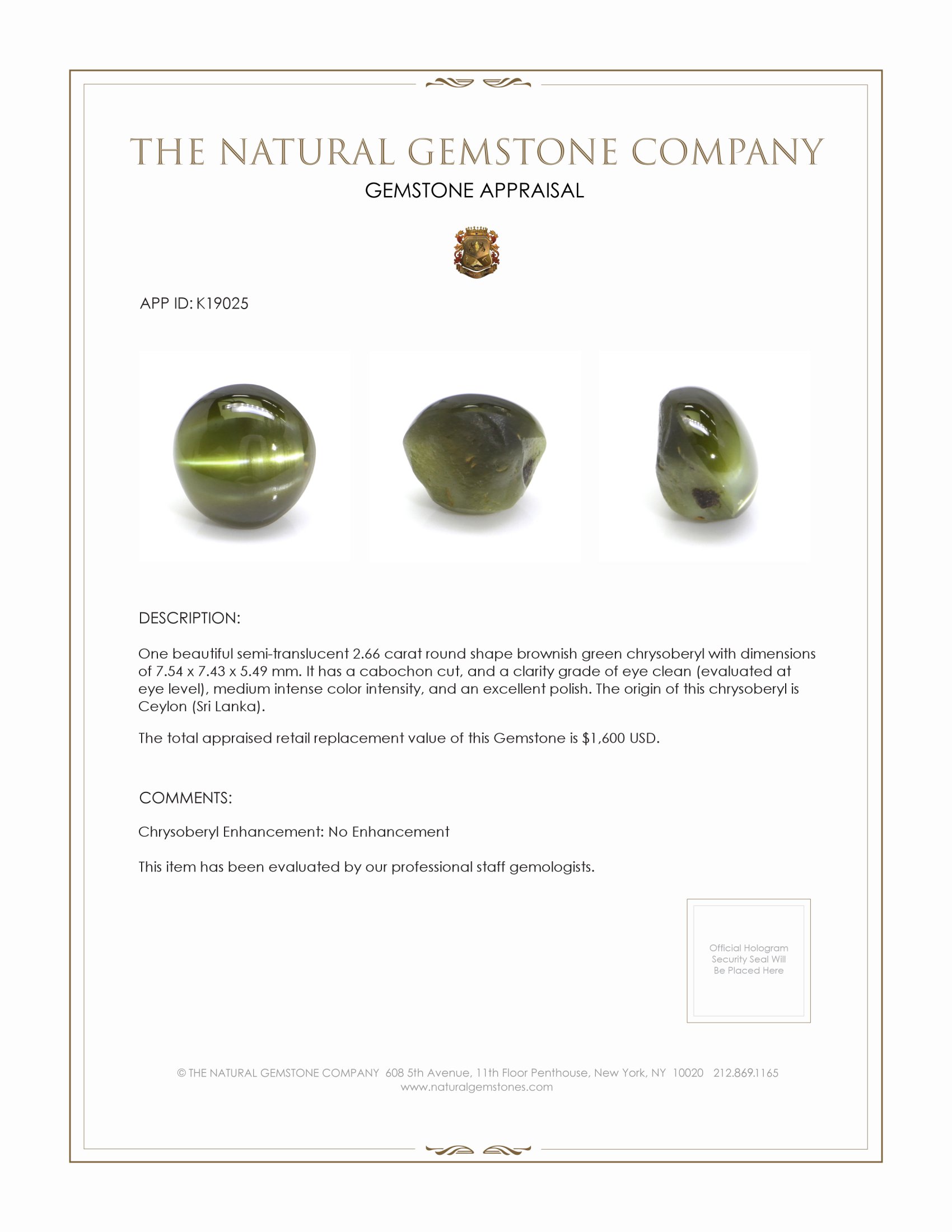 2.66 Ct. Brownish Green Cabochon Chrysoberyl from Ceylon (Sri Lanka)