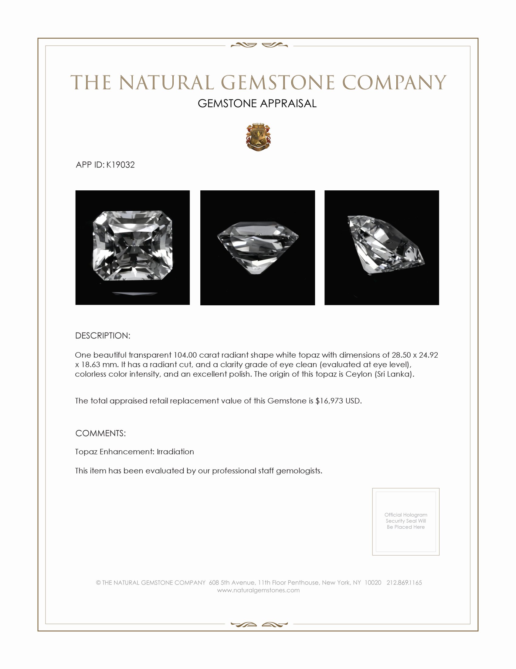 104.00 Ct. White Topaz from Ceylon (Sri Lanka)