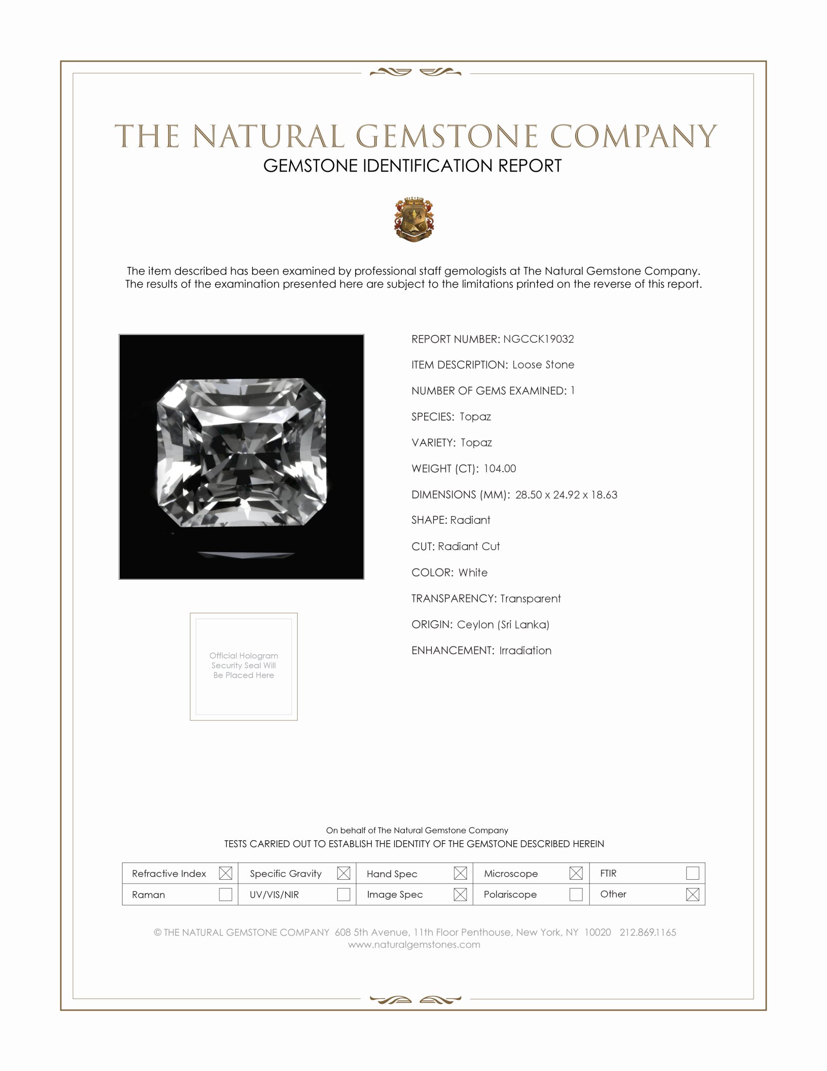 104.00 Ct. White Topaz from Ceylon (Sri Lanka)