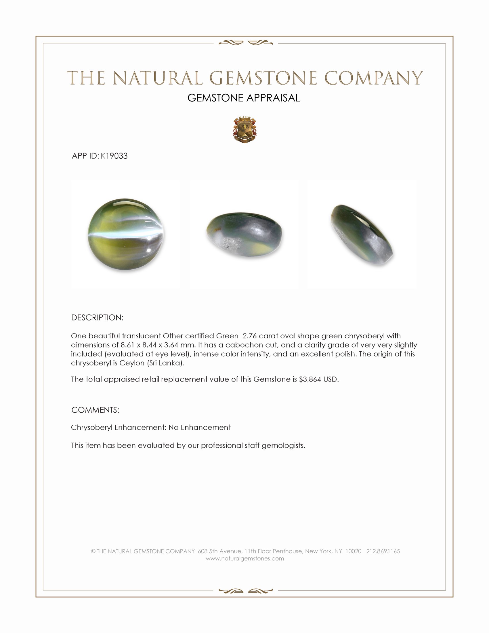 2.76 Ct. Cabochon Chrysoberyl from Ceylon (Sri Lanka)