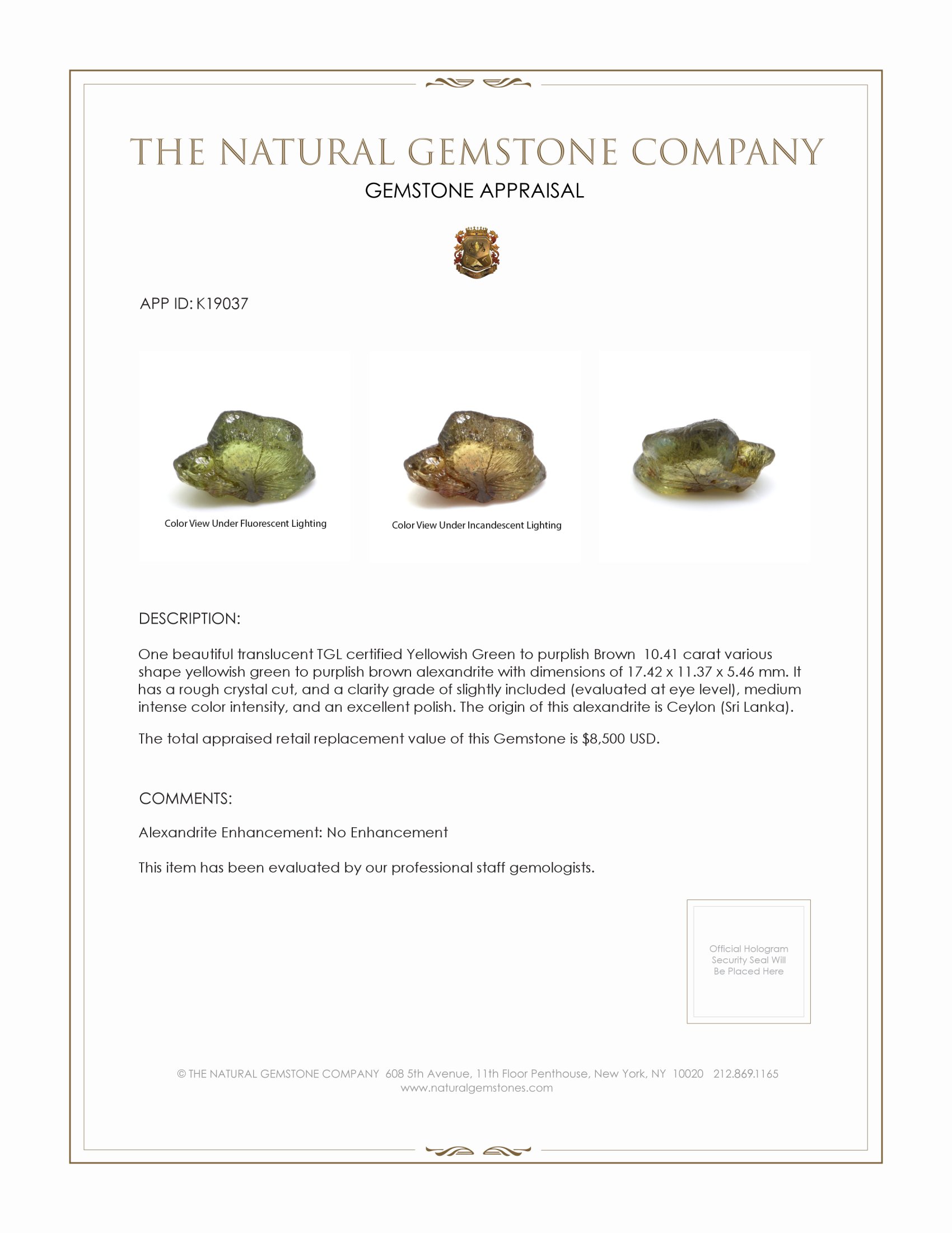 10.41 Ct. Alexandrite from Ceylon (Sri Lanka)