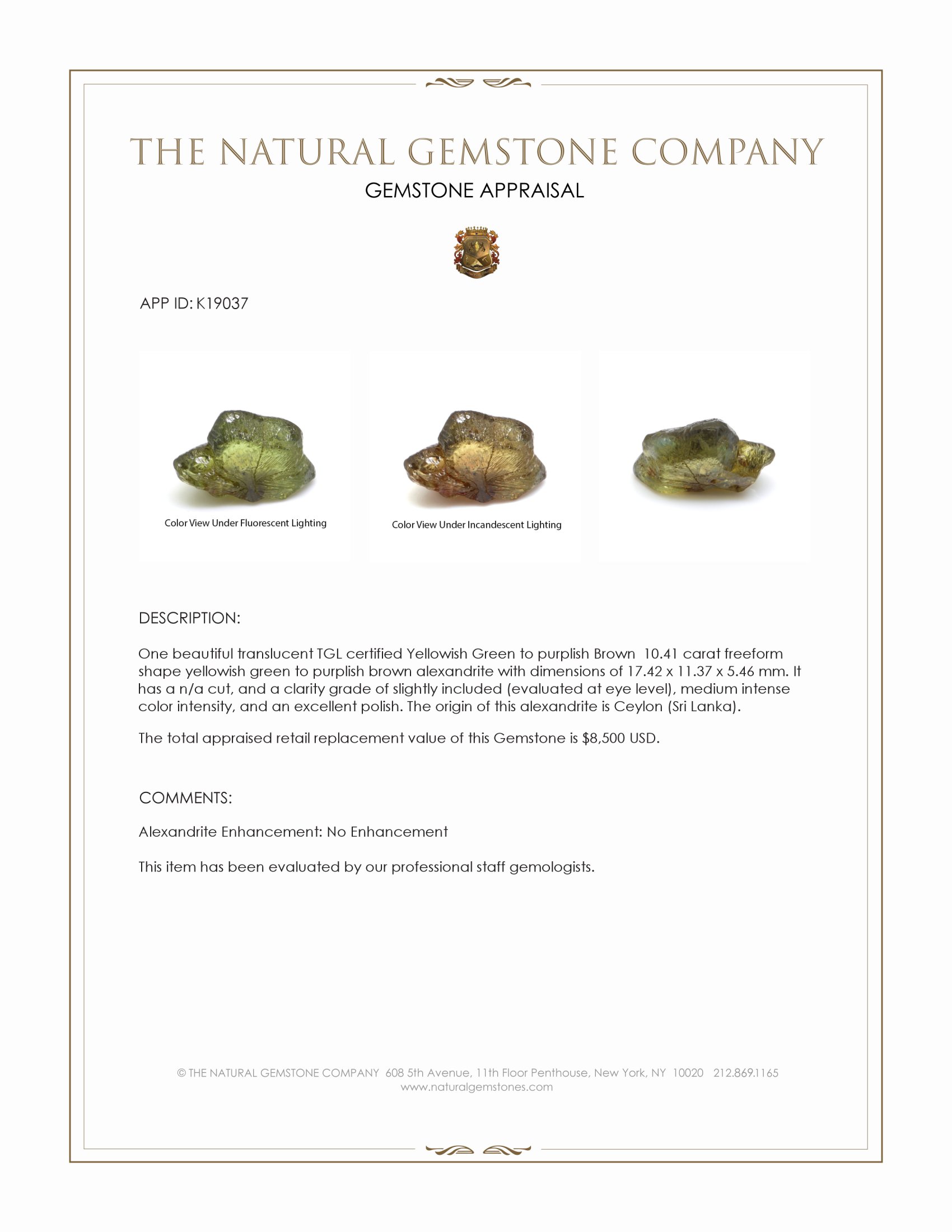 10.41 Ct. Alexandrite Crystal from Ceylon (Sri Lanka)