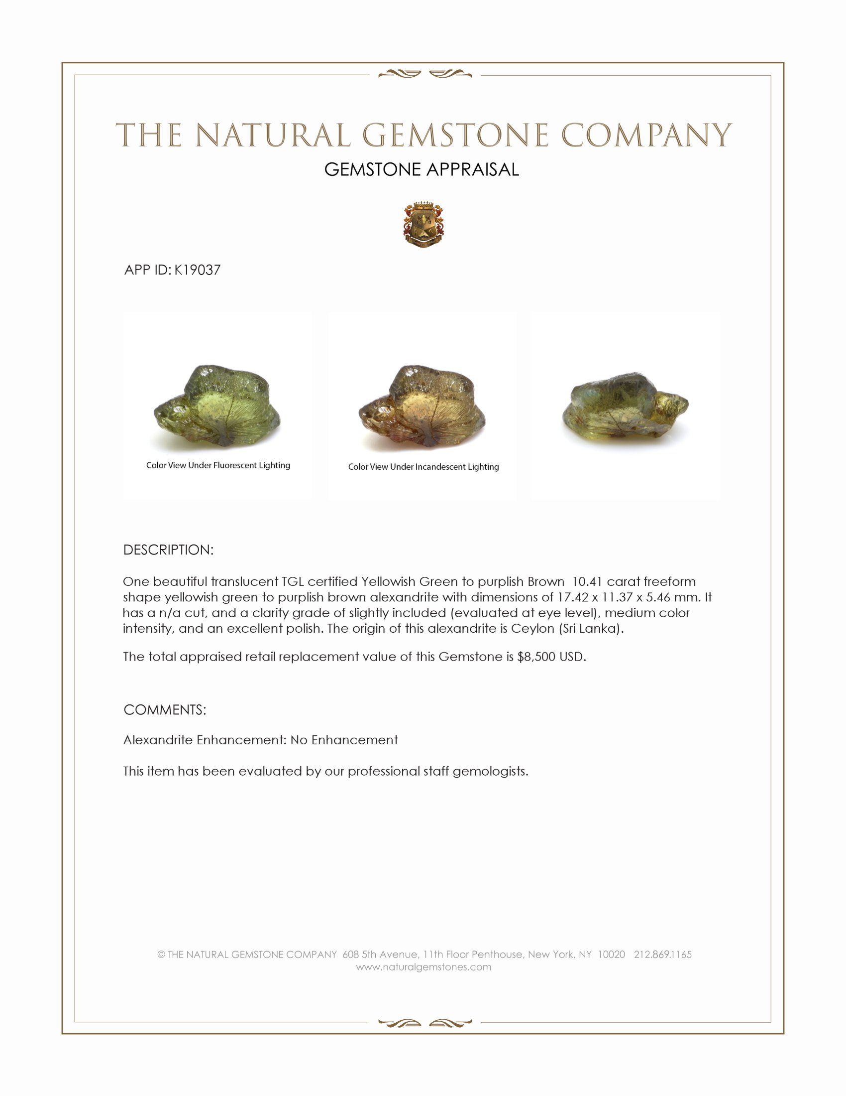 10.41 Ct. Alexandrite Crystal from Ceylon (Sri Lanka)