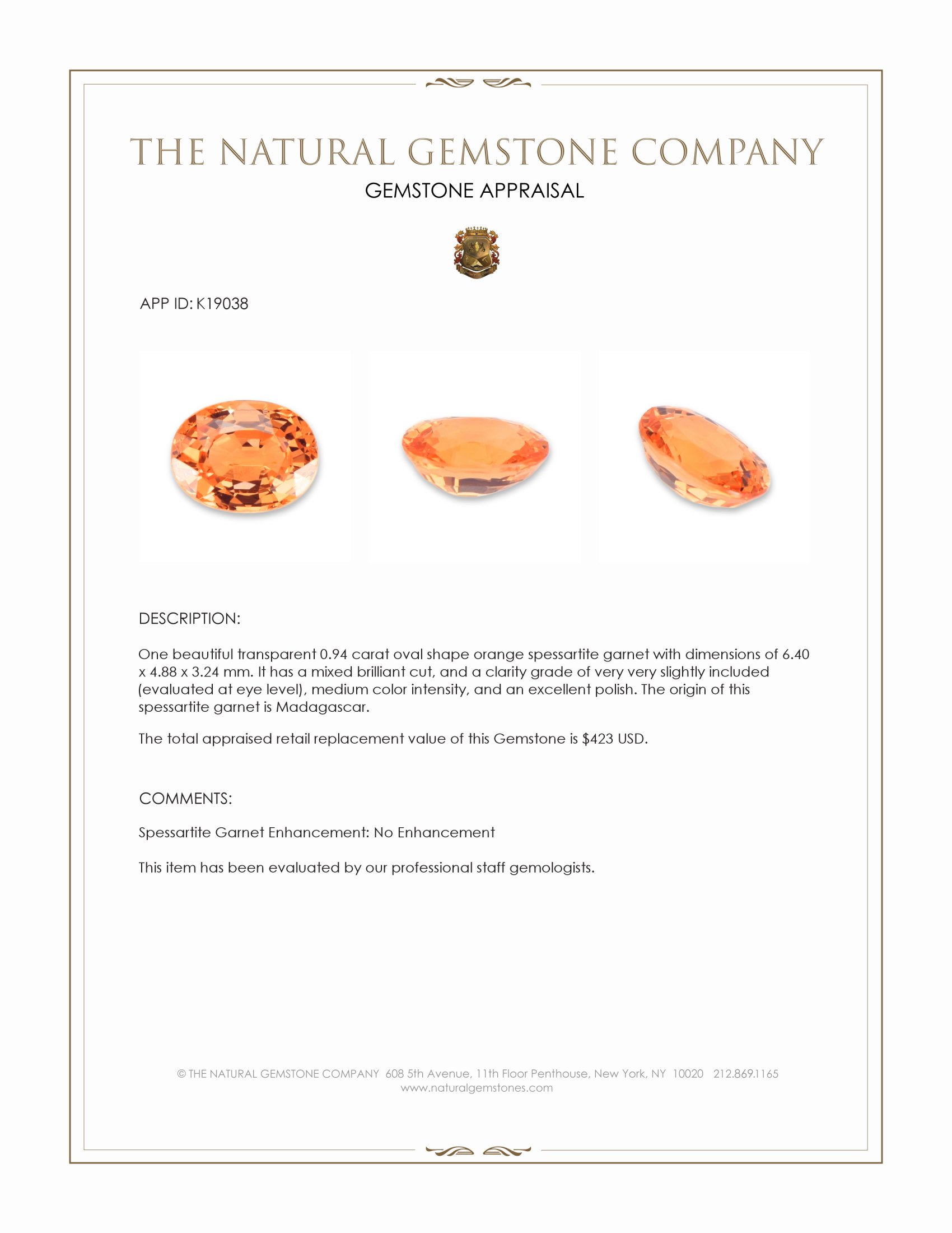 0.94 Ct. Orange Spessartite Garnet from Madagascar