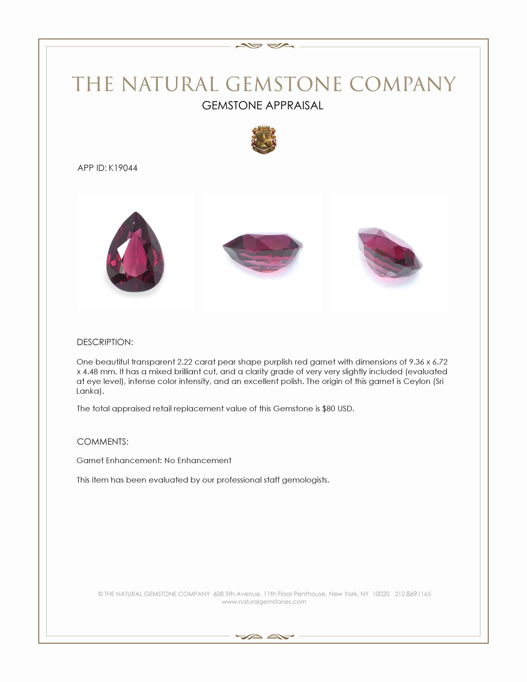 2.22 Ct. Purplish Red Garnet from Ceylon (Sri Lanka)
