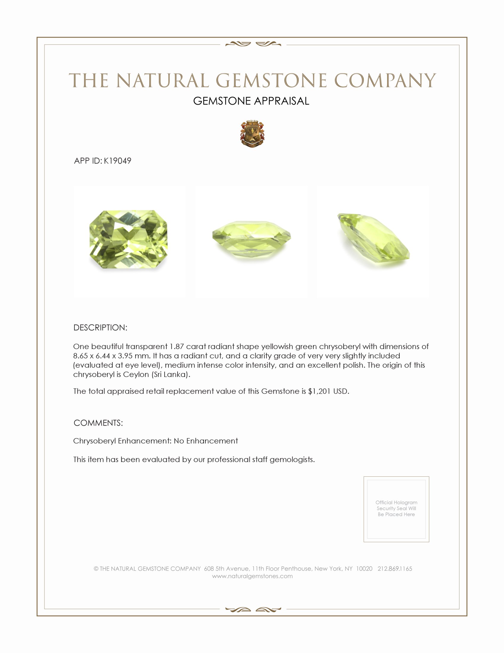 1.87 Ct. Chrysoberyl from Ceylon (Sri Lanka)