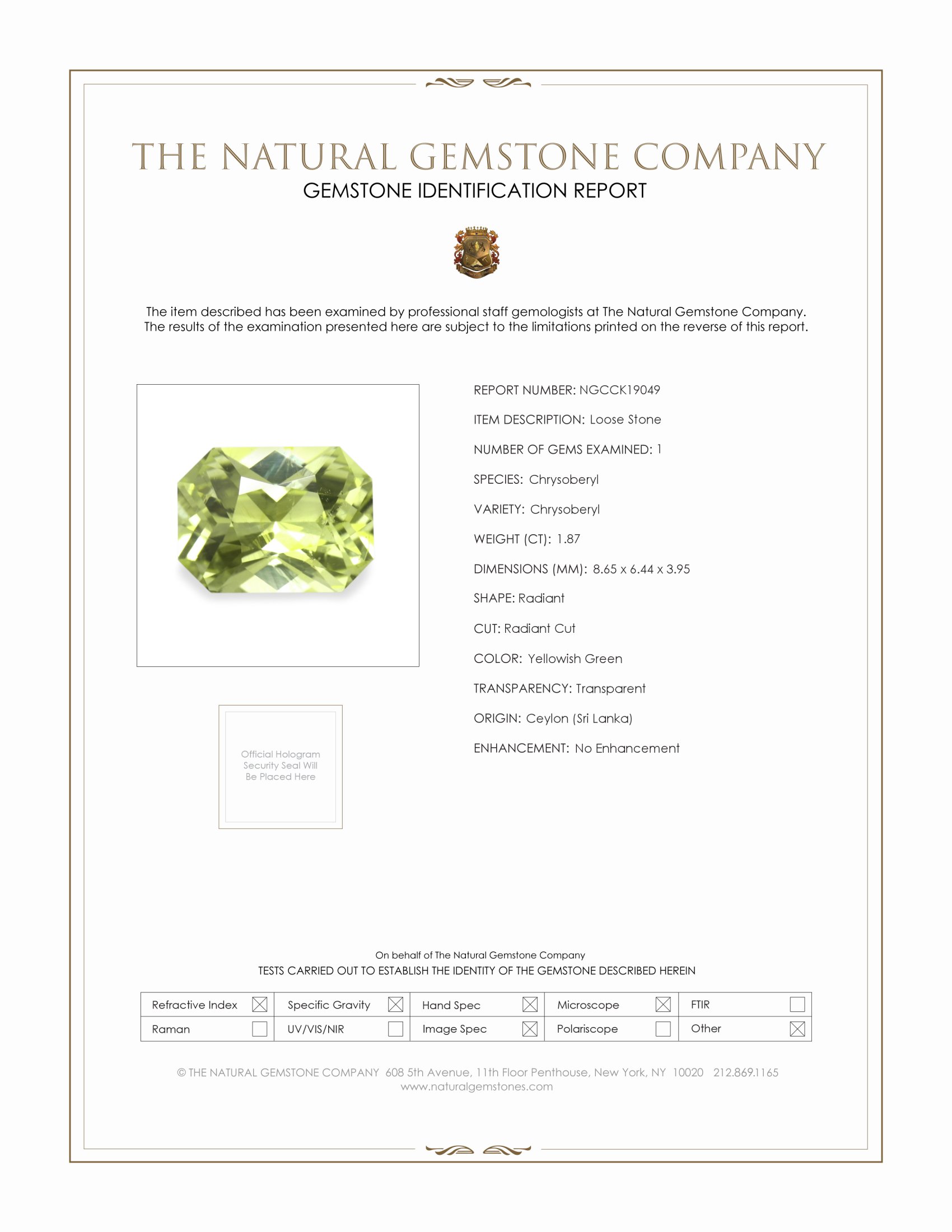 1.87 Ct. Chrysoberyl from Ceylon (Sri Lanka)