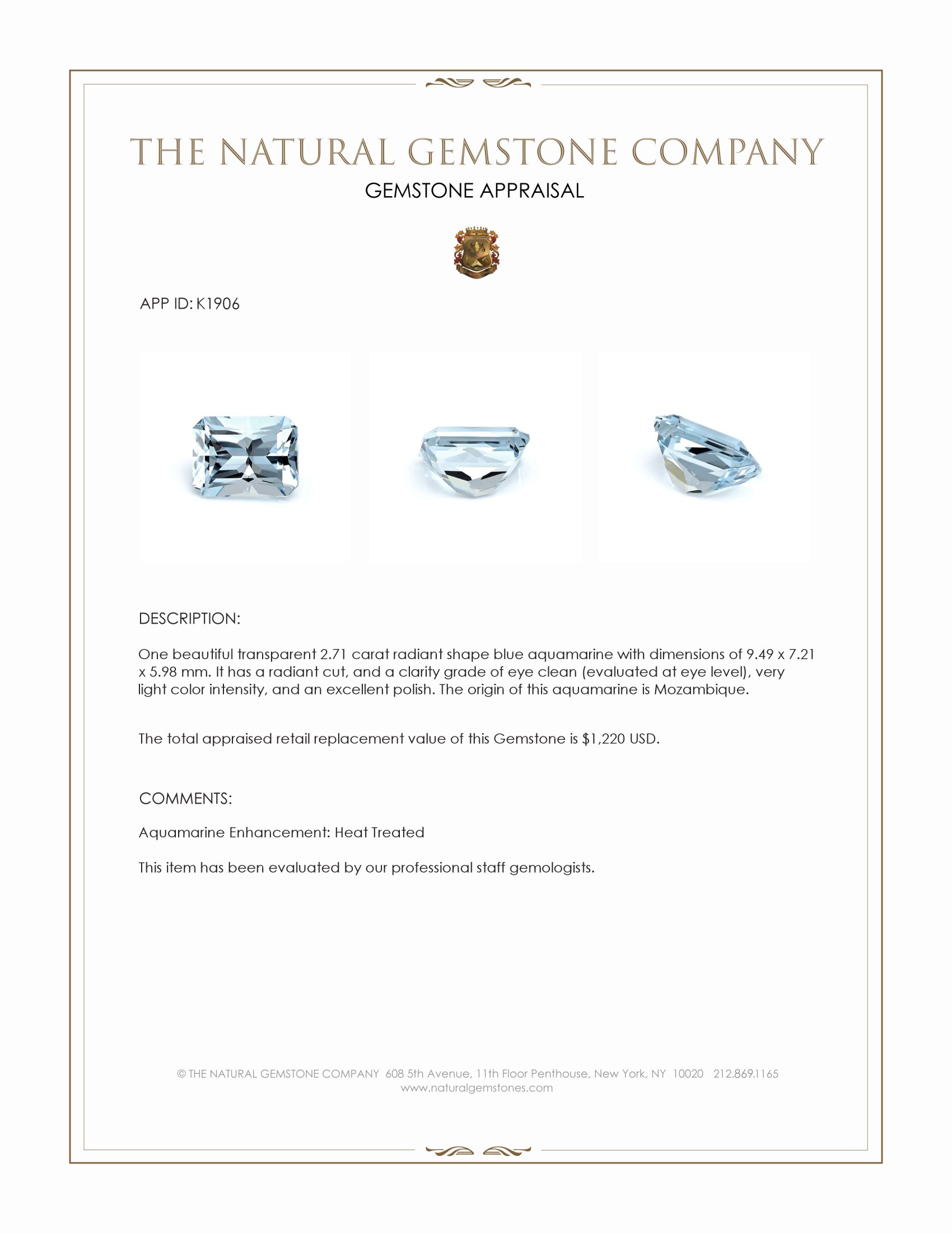 2.71 Ct. Aquamarine from Mozambique