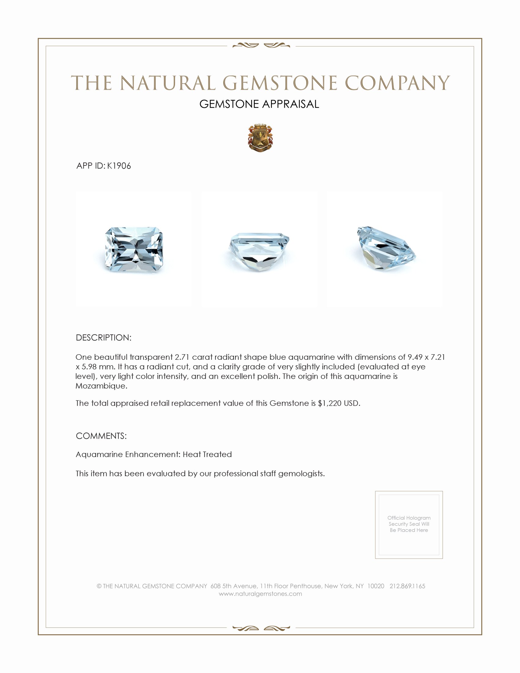 2.71 Ct. Aquamarine from Mozambique