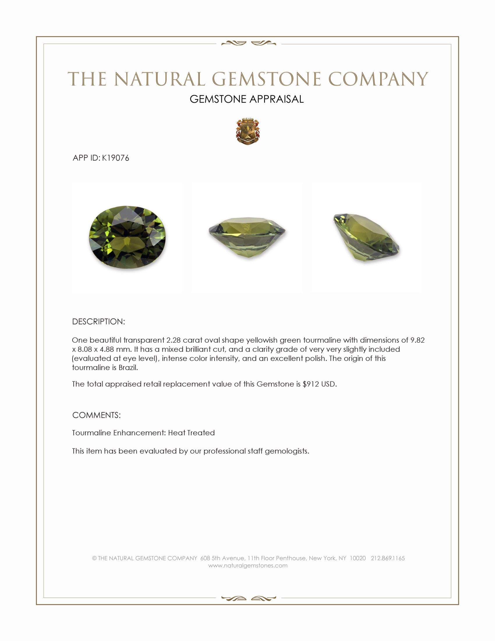 2.28 Ct. Yellowish Green Tourmaline from Brazil