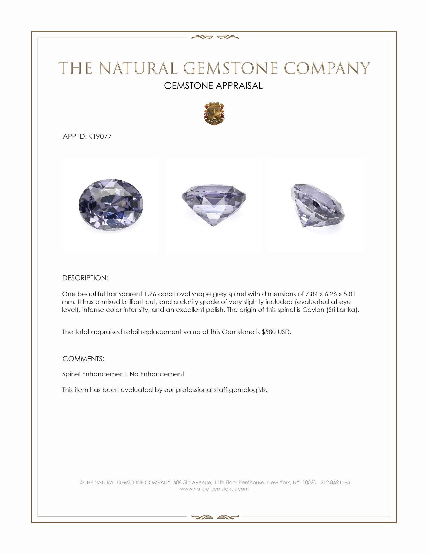 1.76 Ct. Grey Spinel from Ceylon (Sri Lanka)