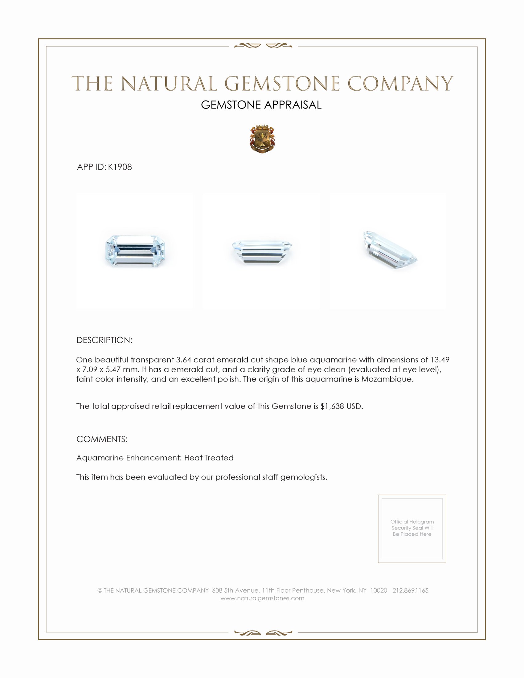 3.64 Ct. Aquamarine from Mozambique