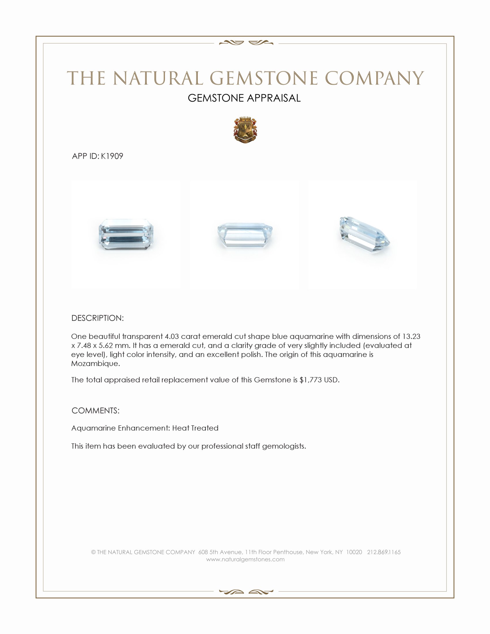 4.03 Ct. Aquamarine from Mozambique