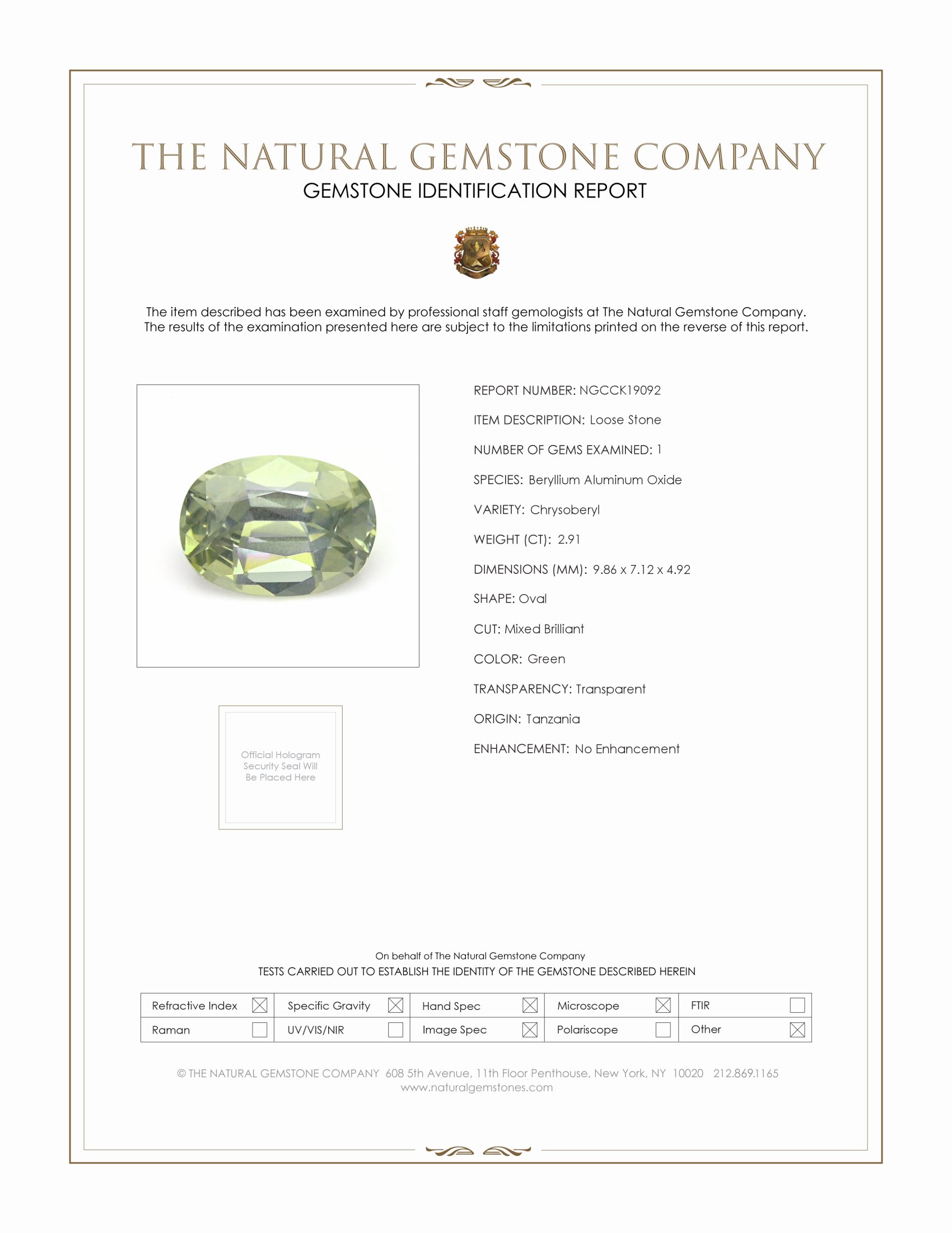 2.91 Ct. Green Chrysoberyl from Tanzania