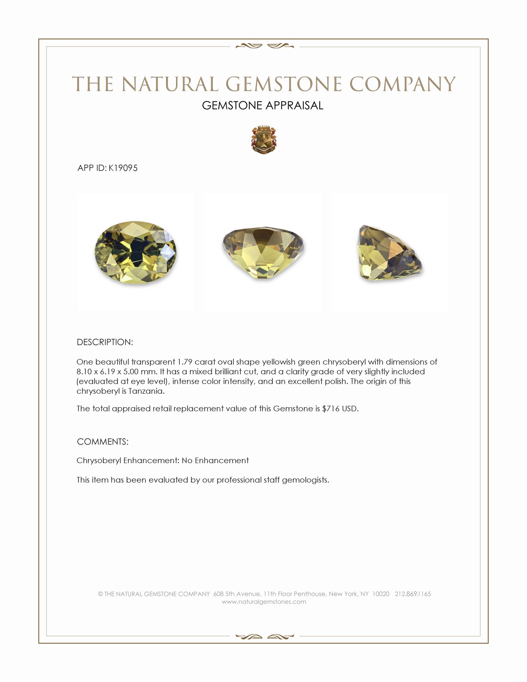 1.79 Ct. Yellowish Green Chrysoberyl from Tanzania