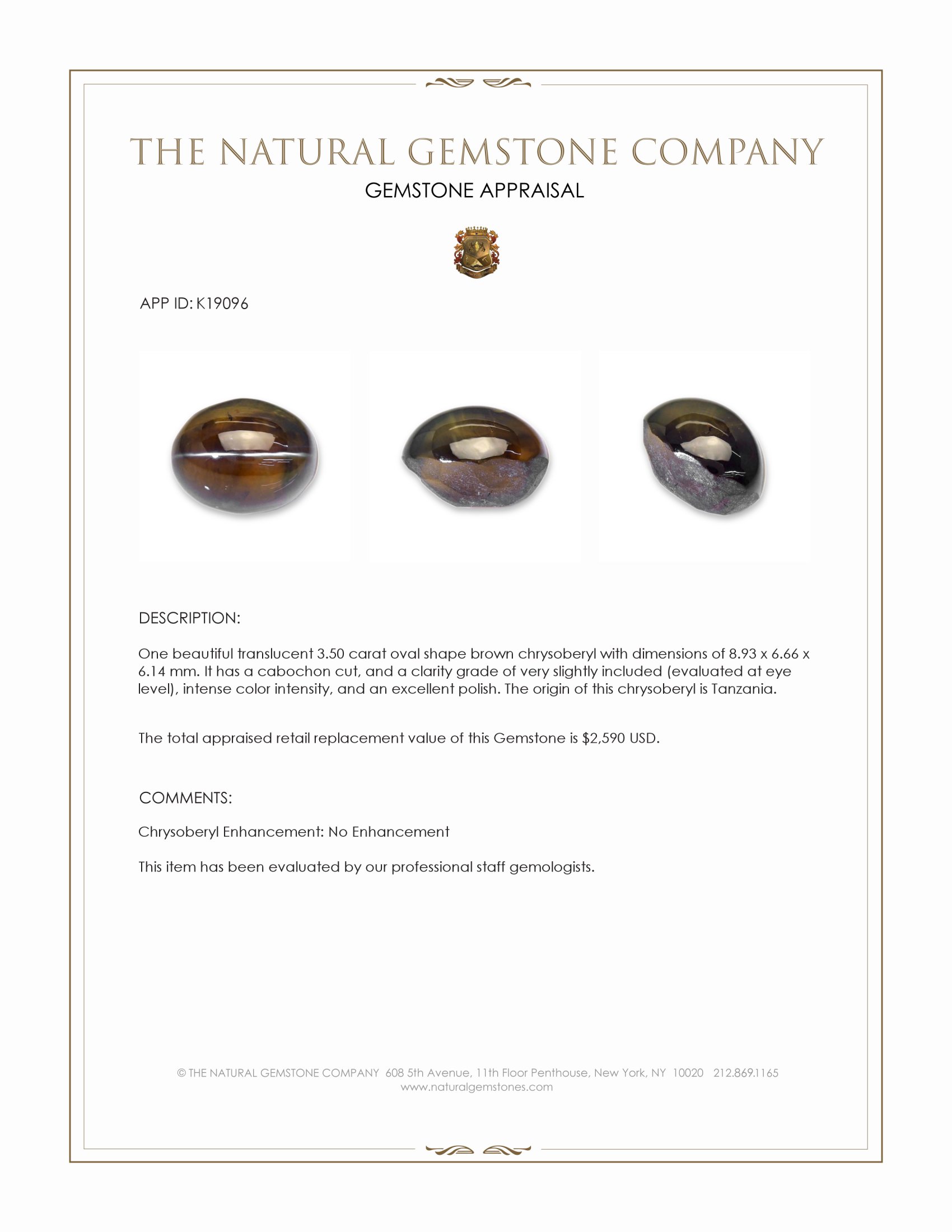 3.50 Ct. Brown Cabochon Chrysoberyl from Tanzania