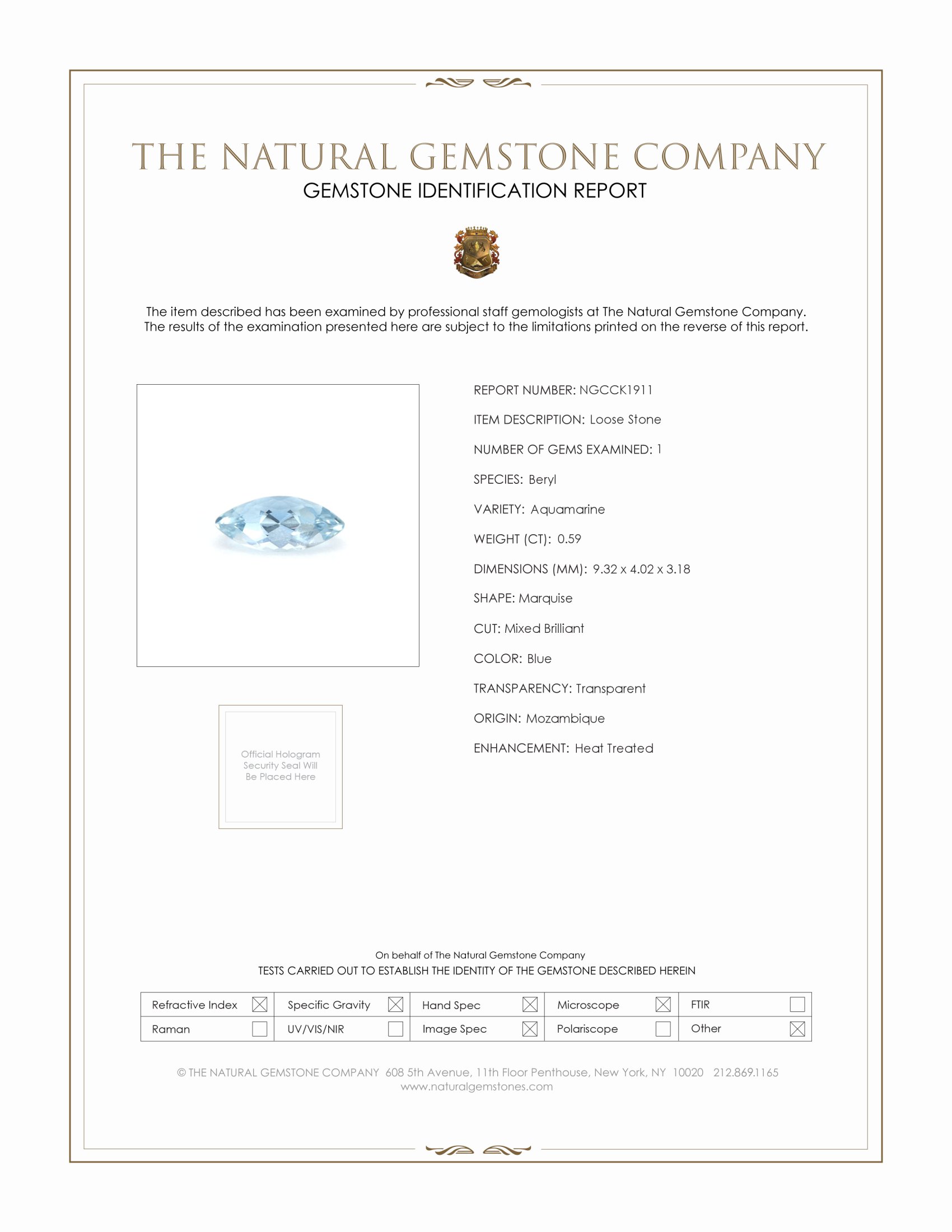 0.59 Ct. Blue Aquamarine from Mozambique