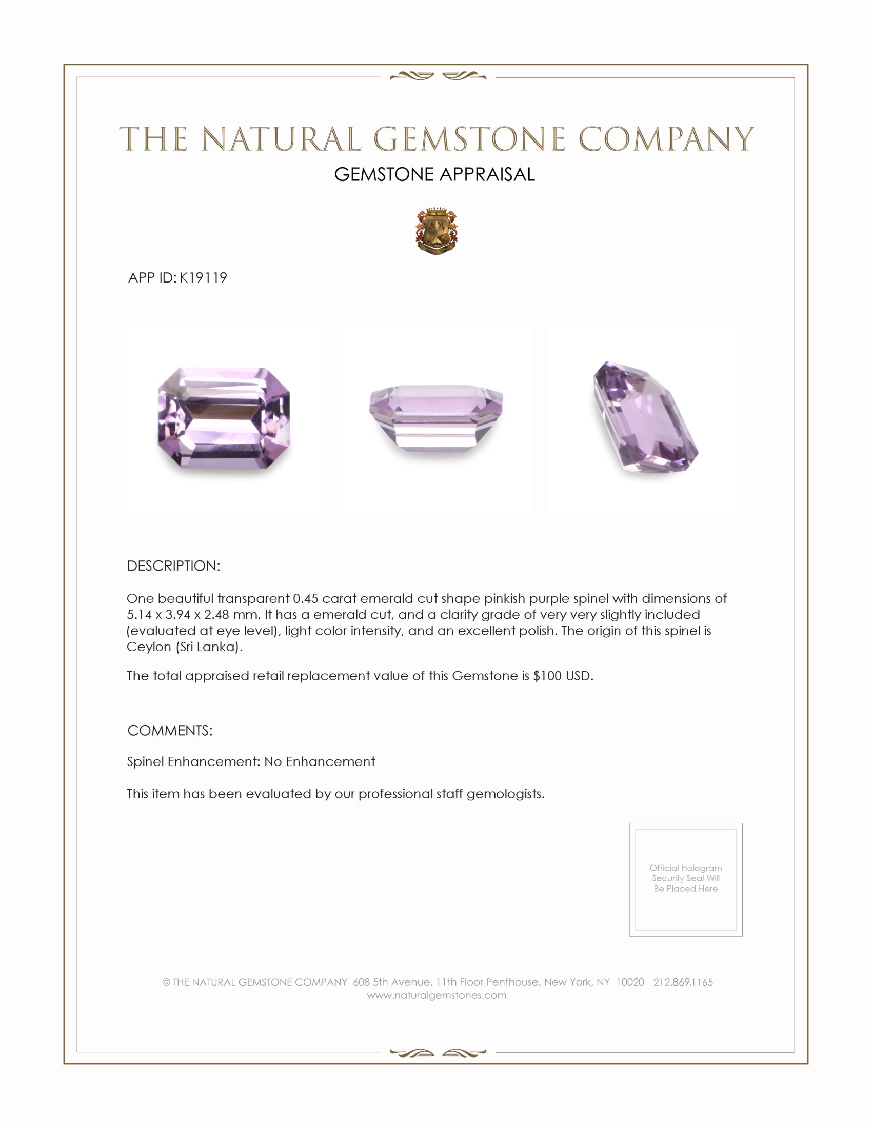 0.45 Ct. Spinel from Ceylon (Sri Lanka)