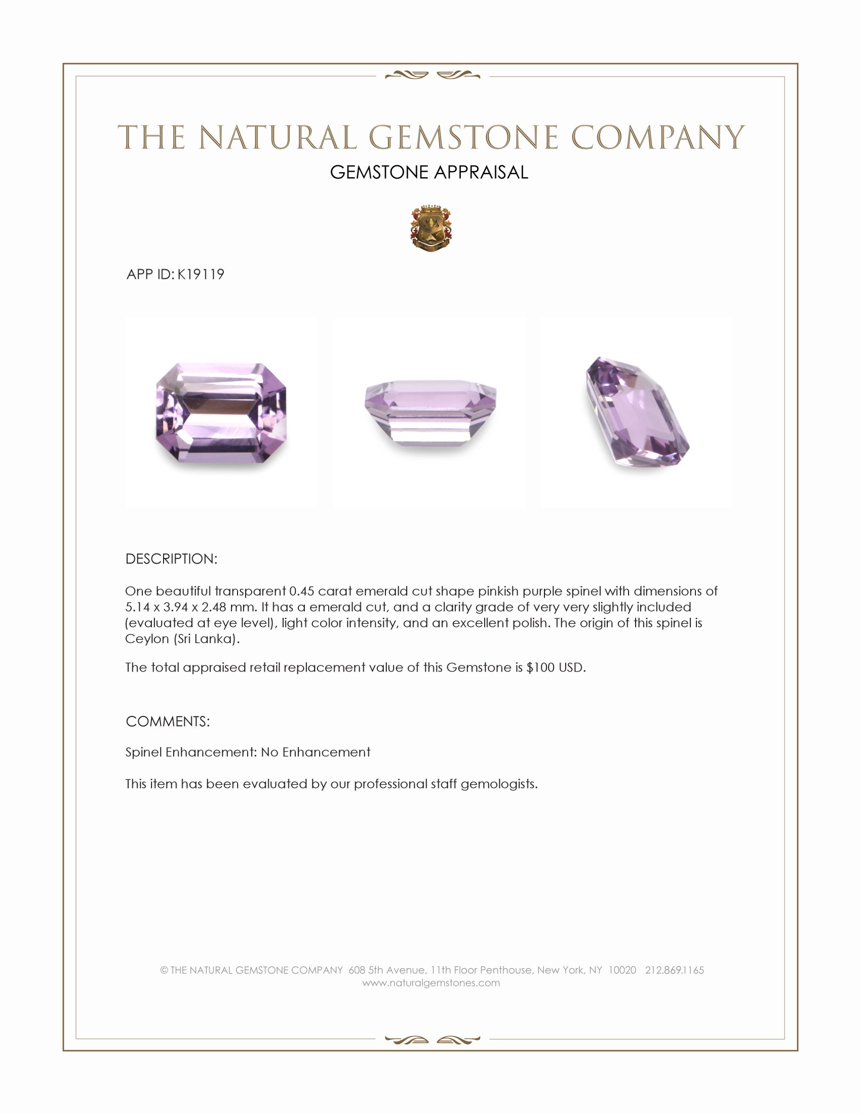 0.45 Ct. Spinel from Ceylon (Sri Lanka)