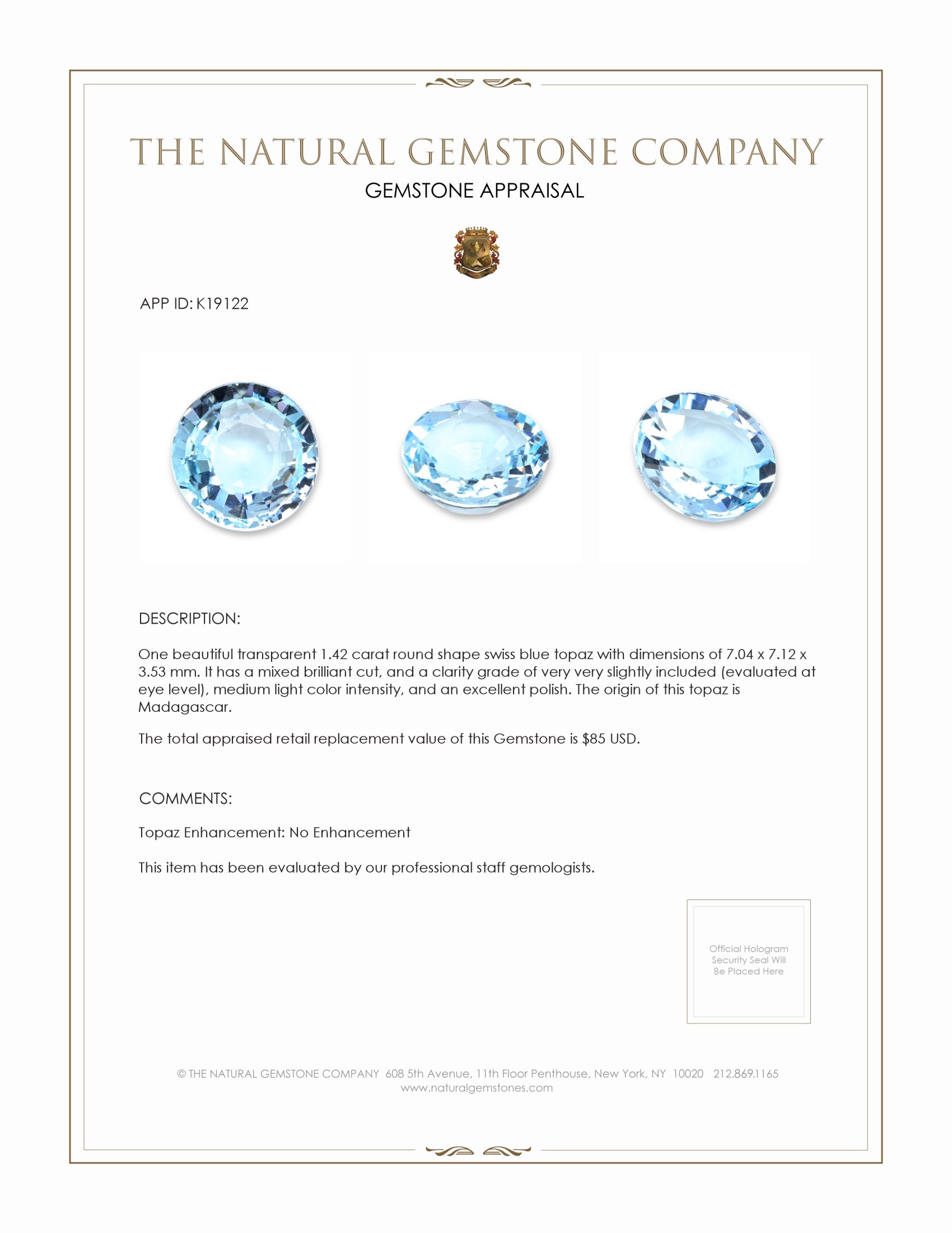 1.42 Ct. Swiss Blue Topaz from Madagascar