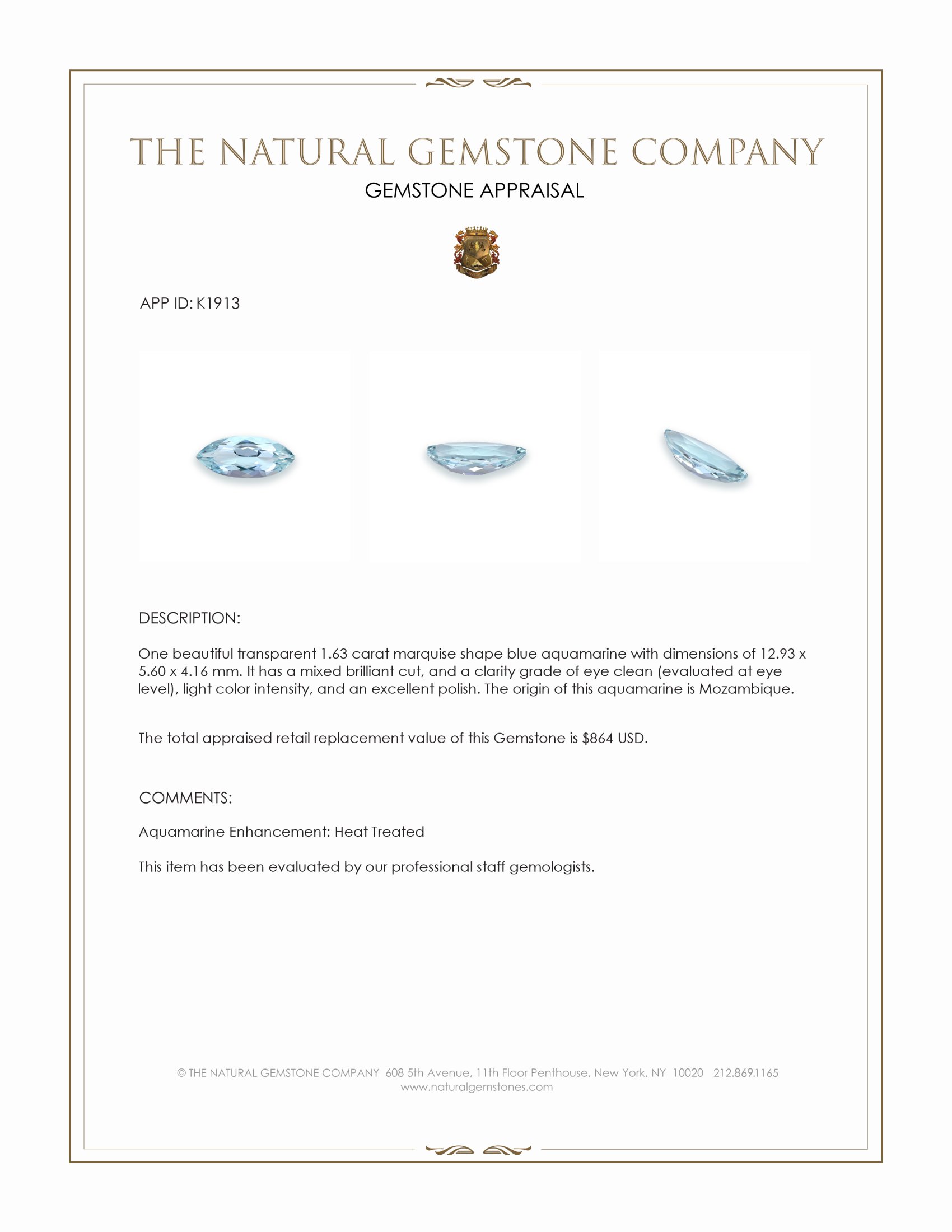 1.63 Ct. Blue Aquamarine from Mozambique