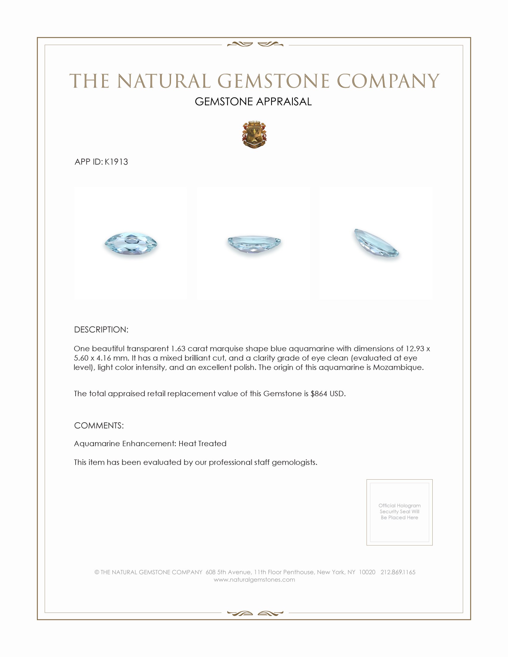 1.63 Ct. Aquamarine from Mozambique