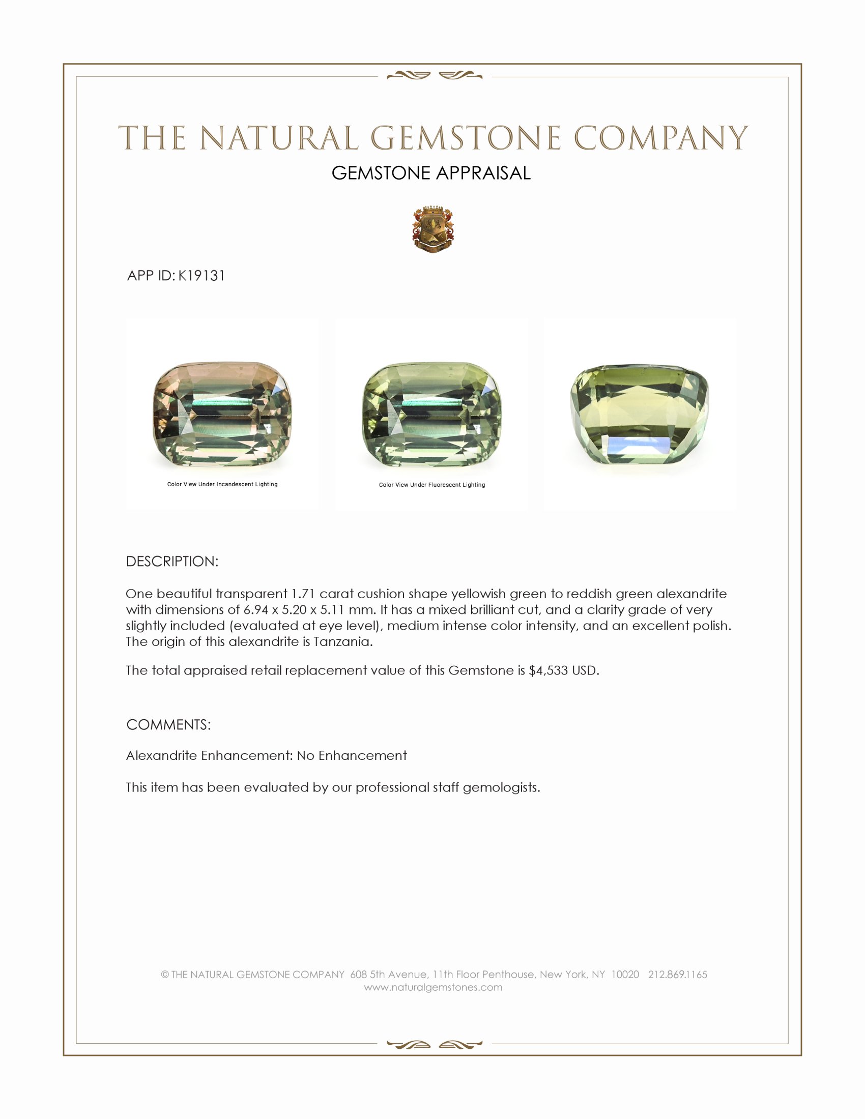 1.71 Ct. Alexandrite from Tanzania