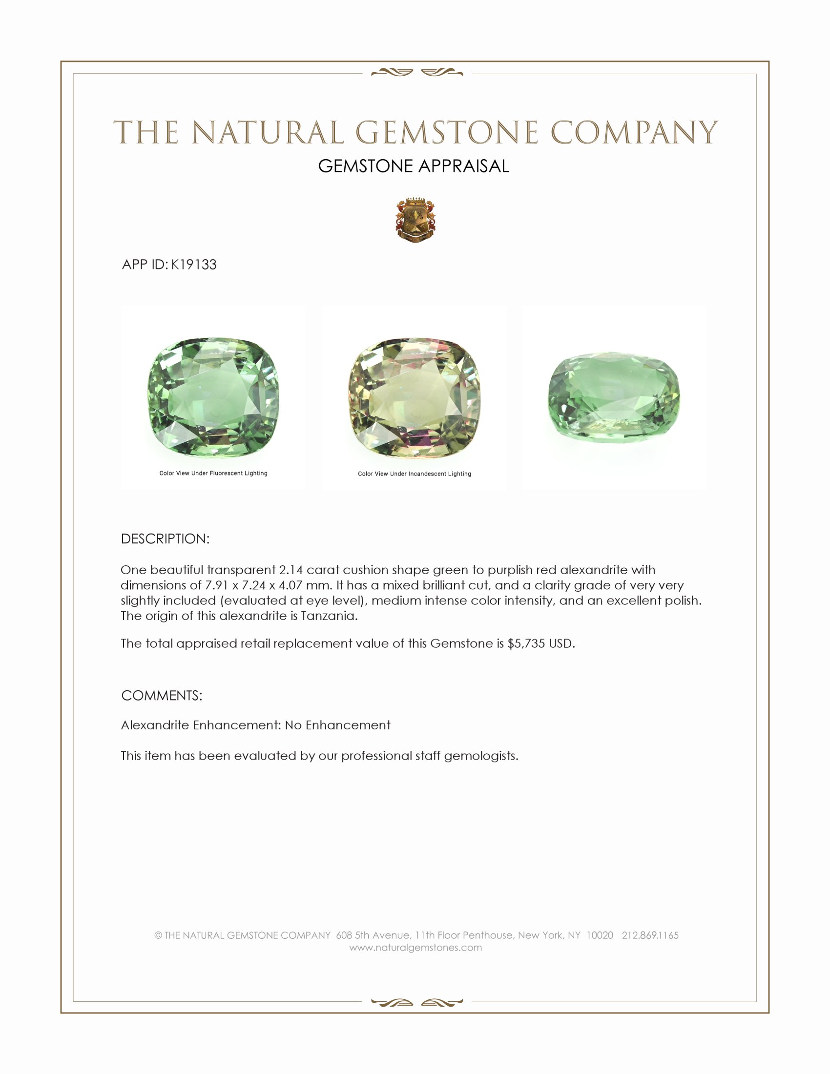 2.14 Ct. Alexandrite from Tanzania