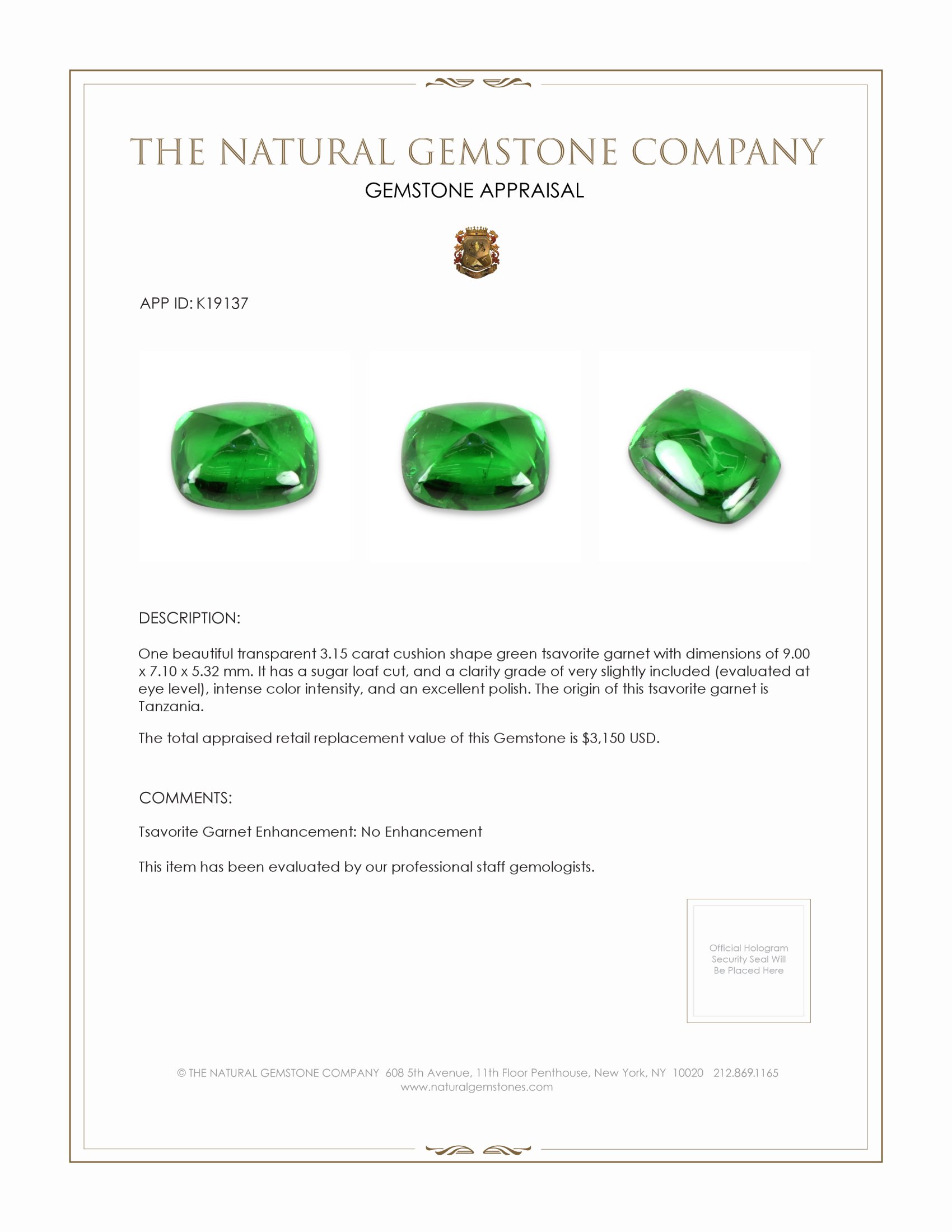 3.15 Ct. Cabochon Tsavorite Garnet from Tanzania