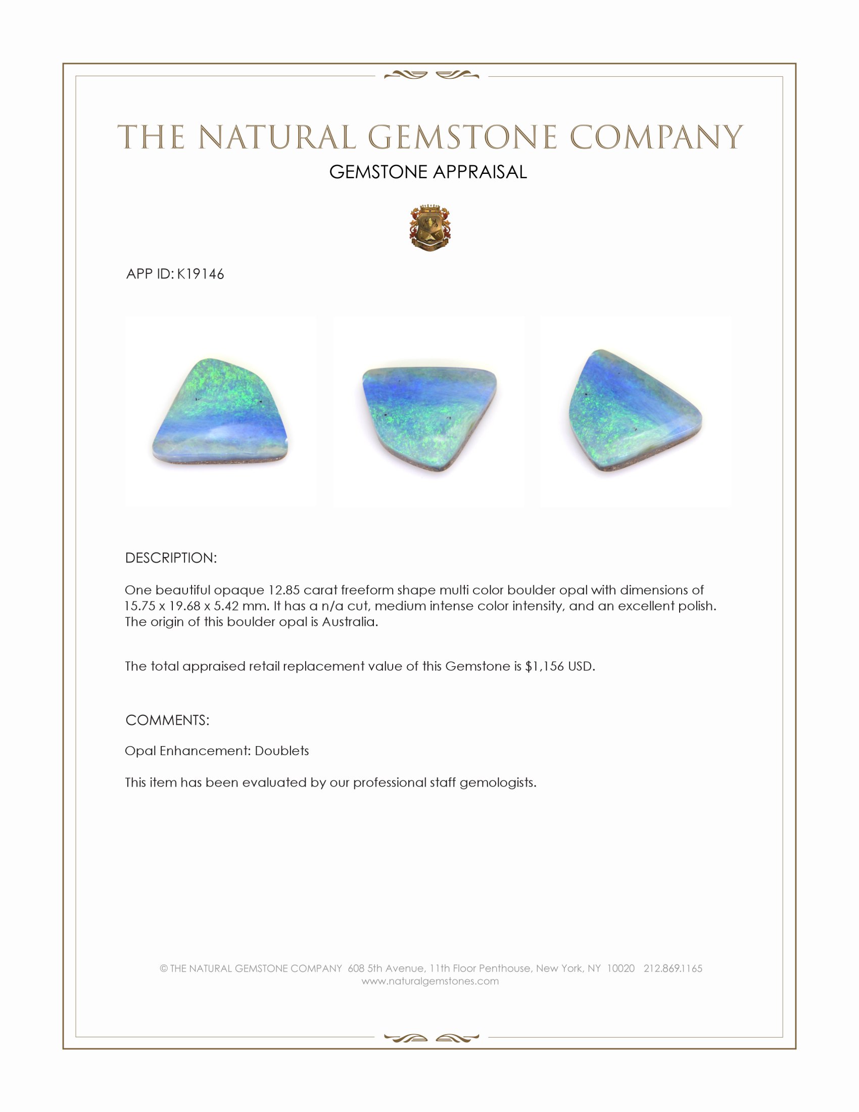 12.85 Ct. Boulder Opal from Australia