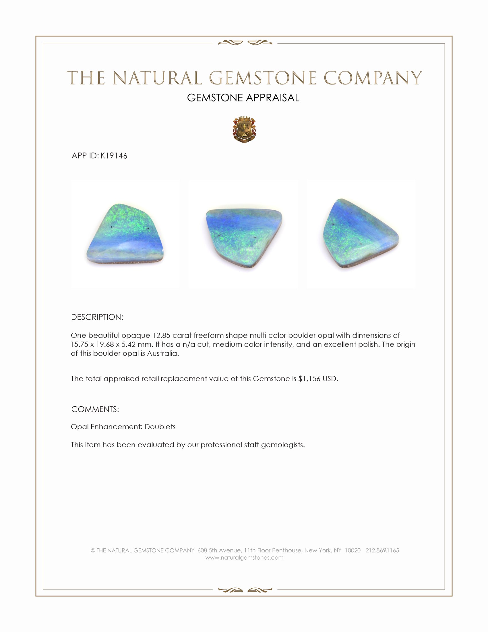 12.85 Ct. Multi Color Boulder Opal from Australia