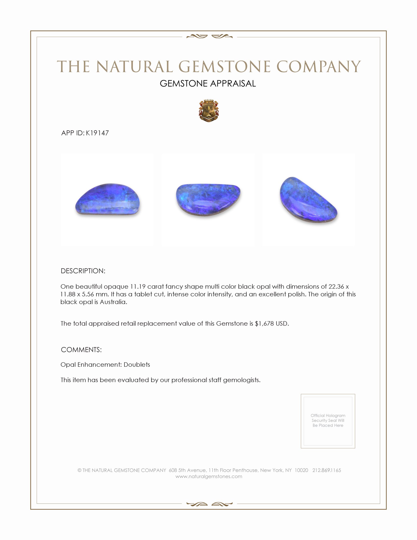 11.19 Ct. Black Opal from Australia