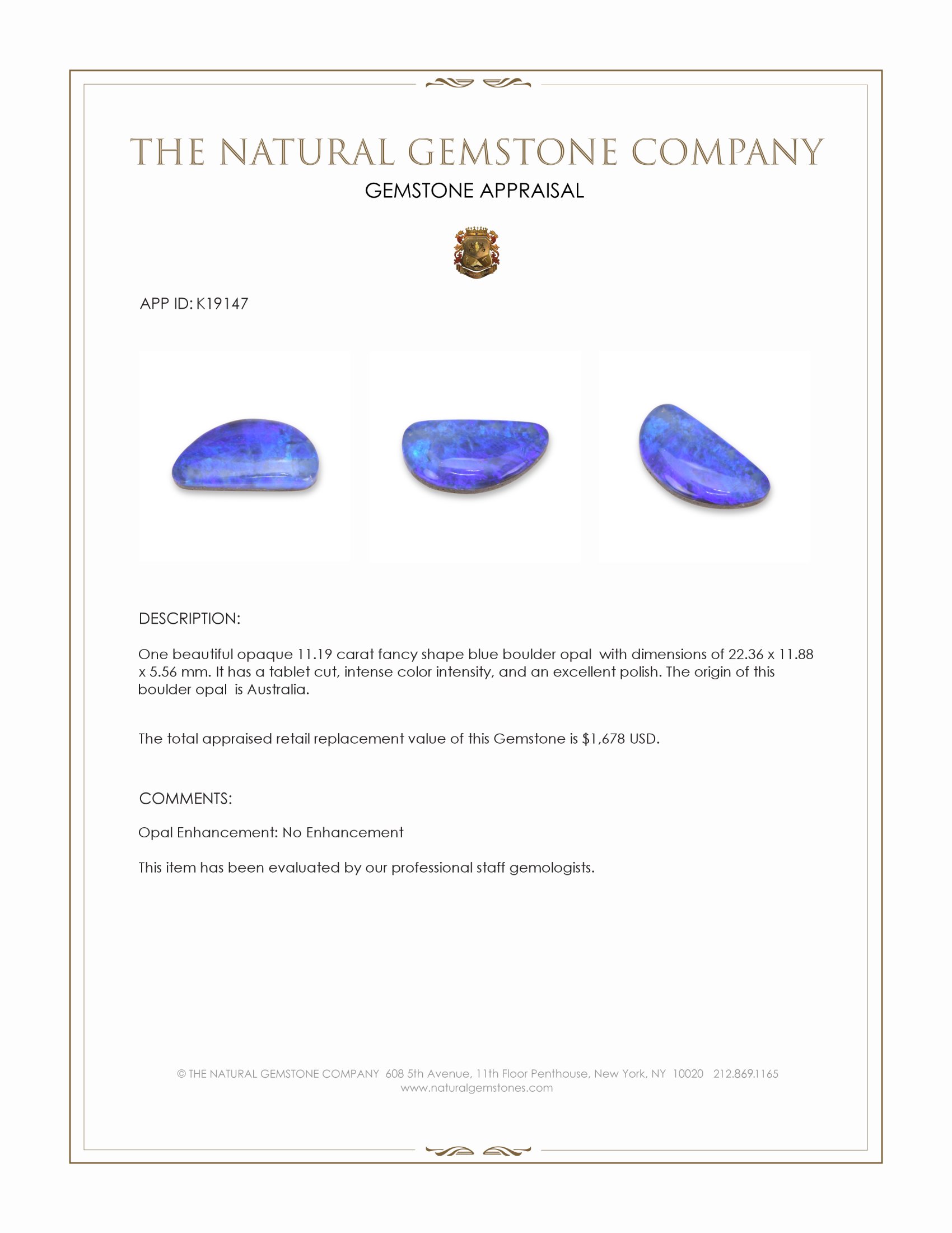 11.19 Ct. Blue Boulder Opal (Ironstone Opal) from Australia