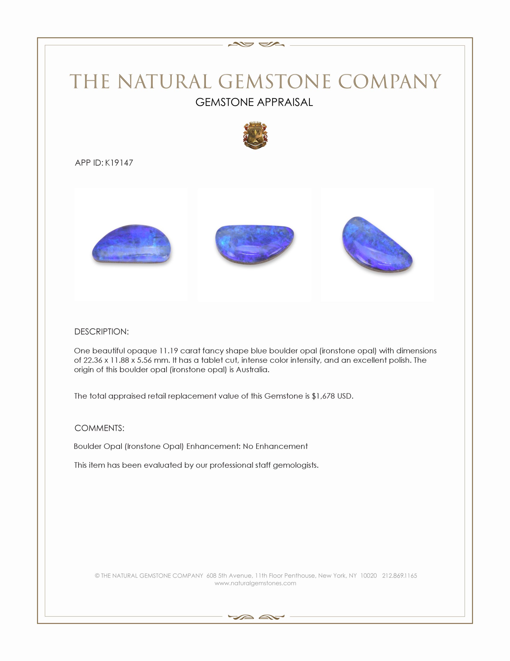 11.19 Ct. Blue Boulder Opal (Ironstone Opal) from Australia