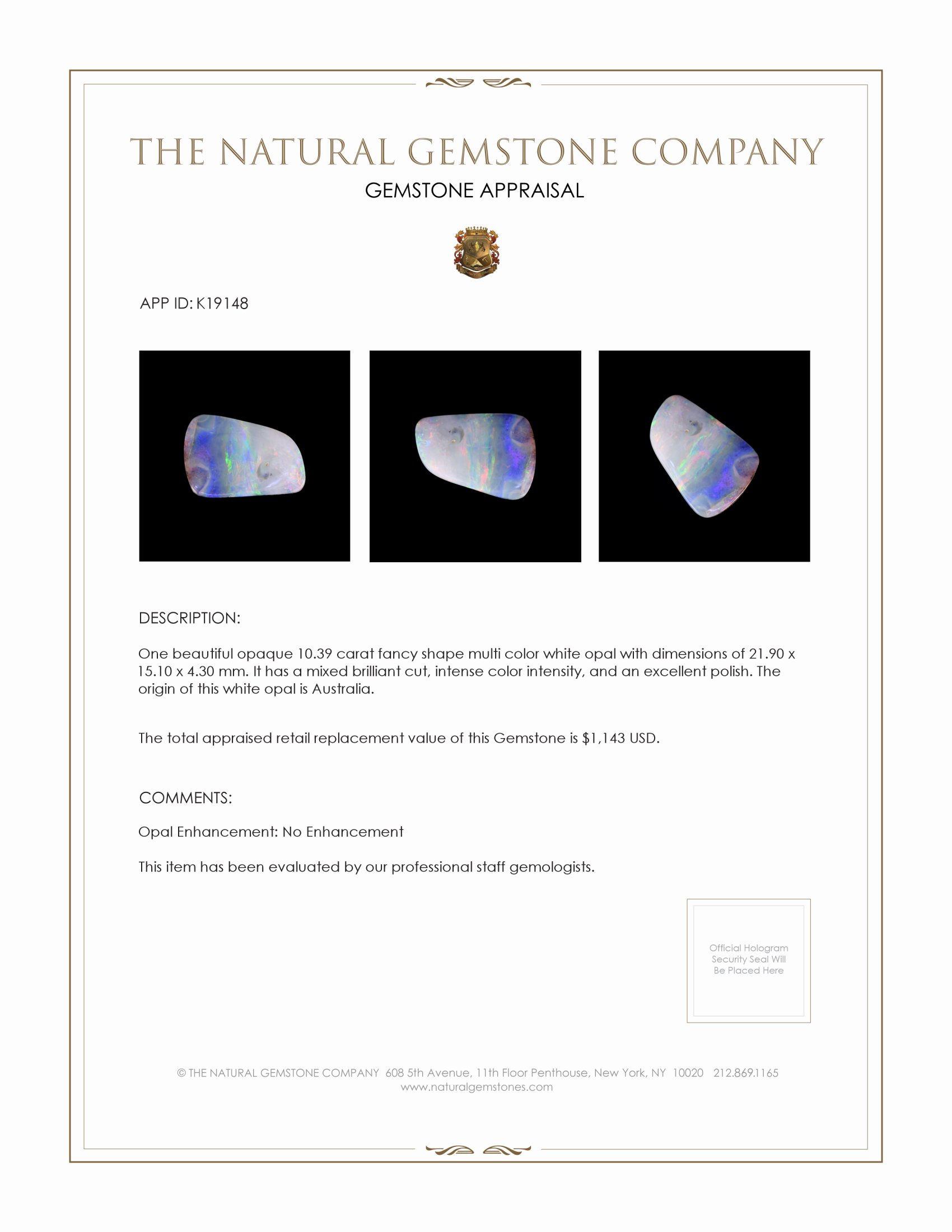 10.39 Ct. Multi Color White Opal from Australia