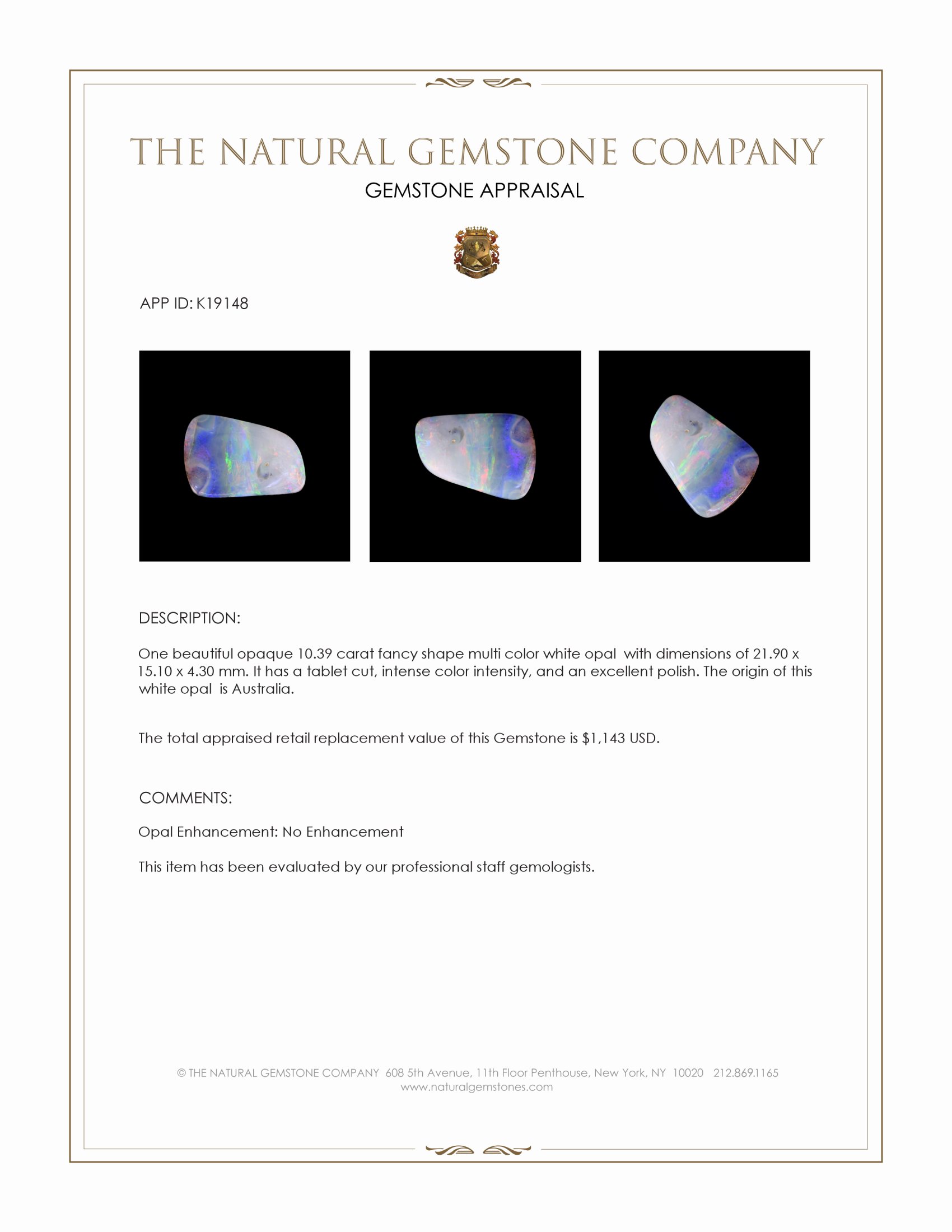 10.39 Ct. Multi Color White Opal (Light Opal) from Australia