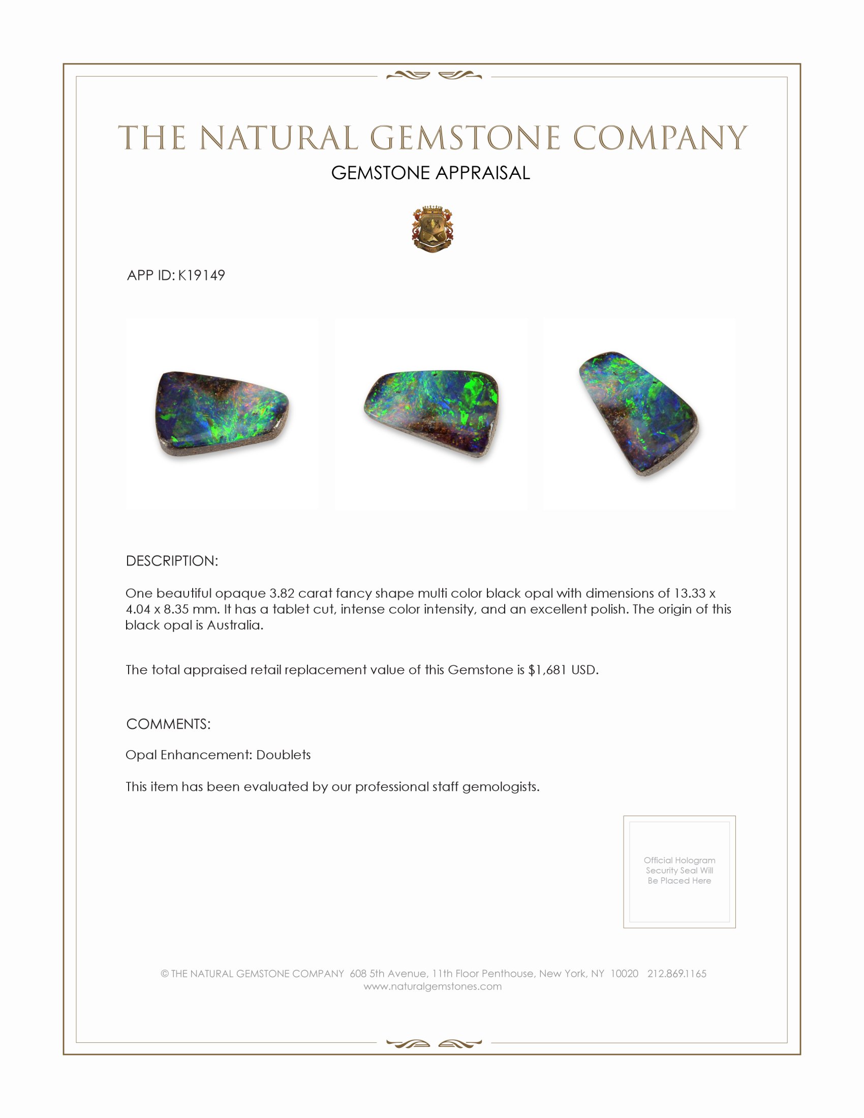 3.82 Ct. Multi Color Black Opal (Dark Opal) from Australia