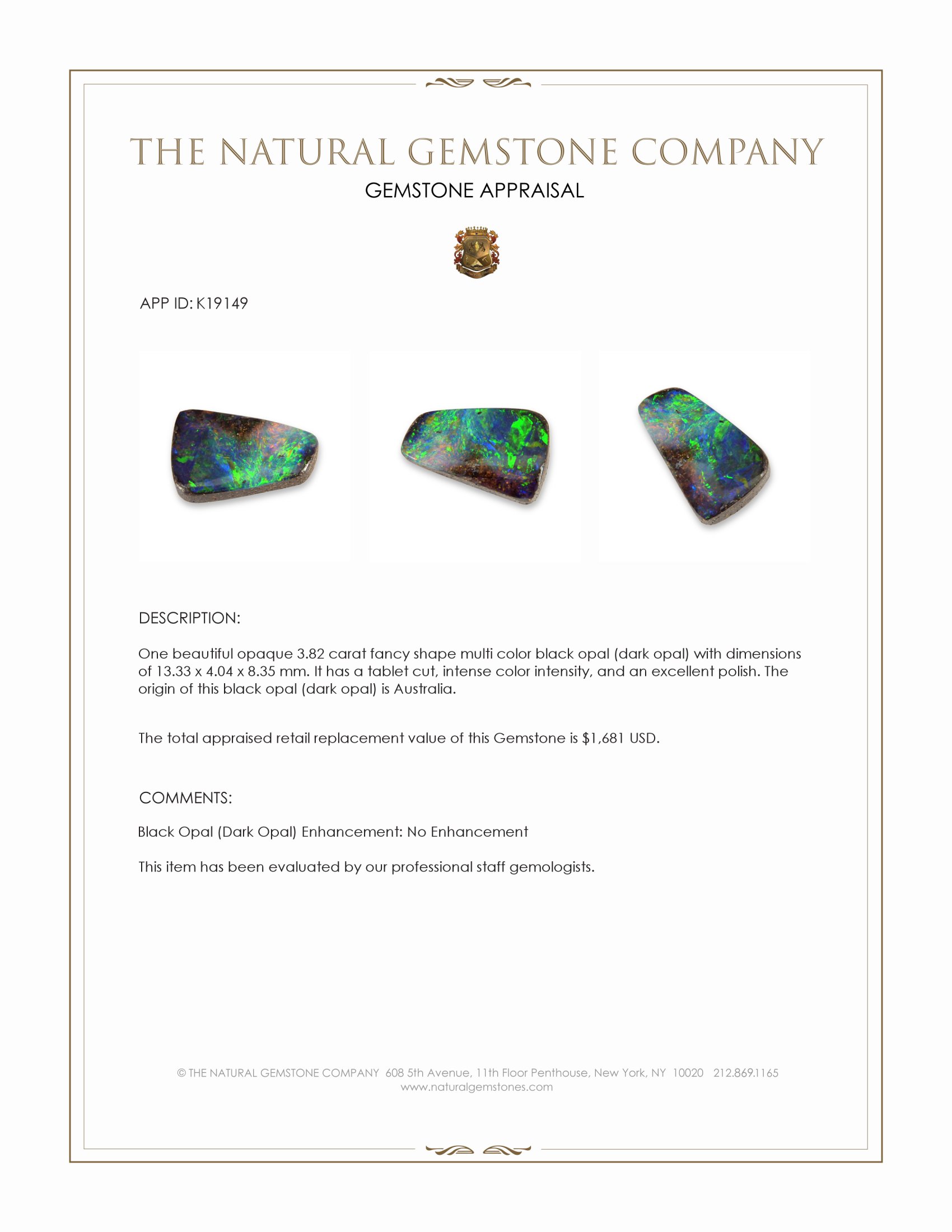 3.82 Ct. Multi Color Black Opal (Dark Opal) from Australia